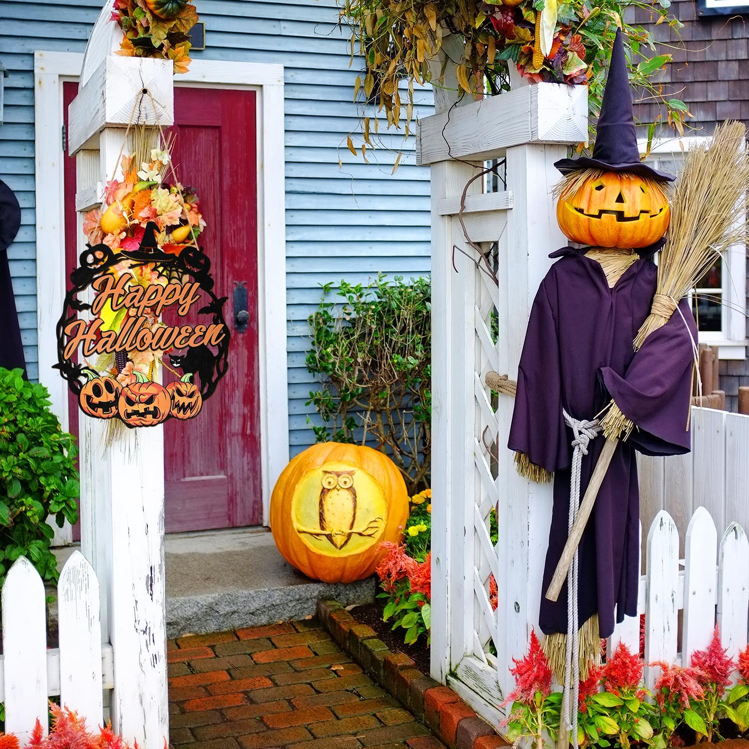 Sophena Halloween Door Wreath with Pumpkin and Black Cat Sign