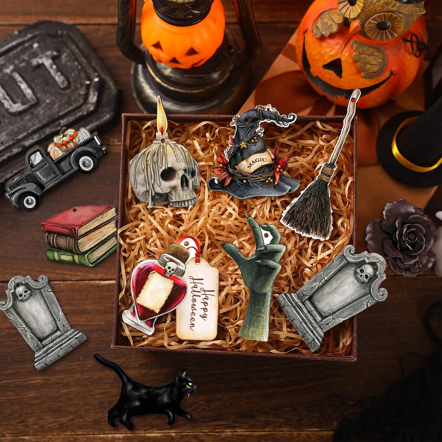 Maitys 36 Pcs Halloween Wooden Ornaments for Tree Decorations