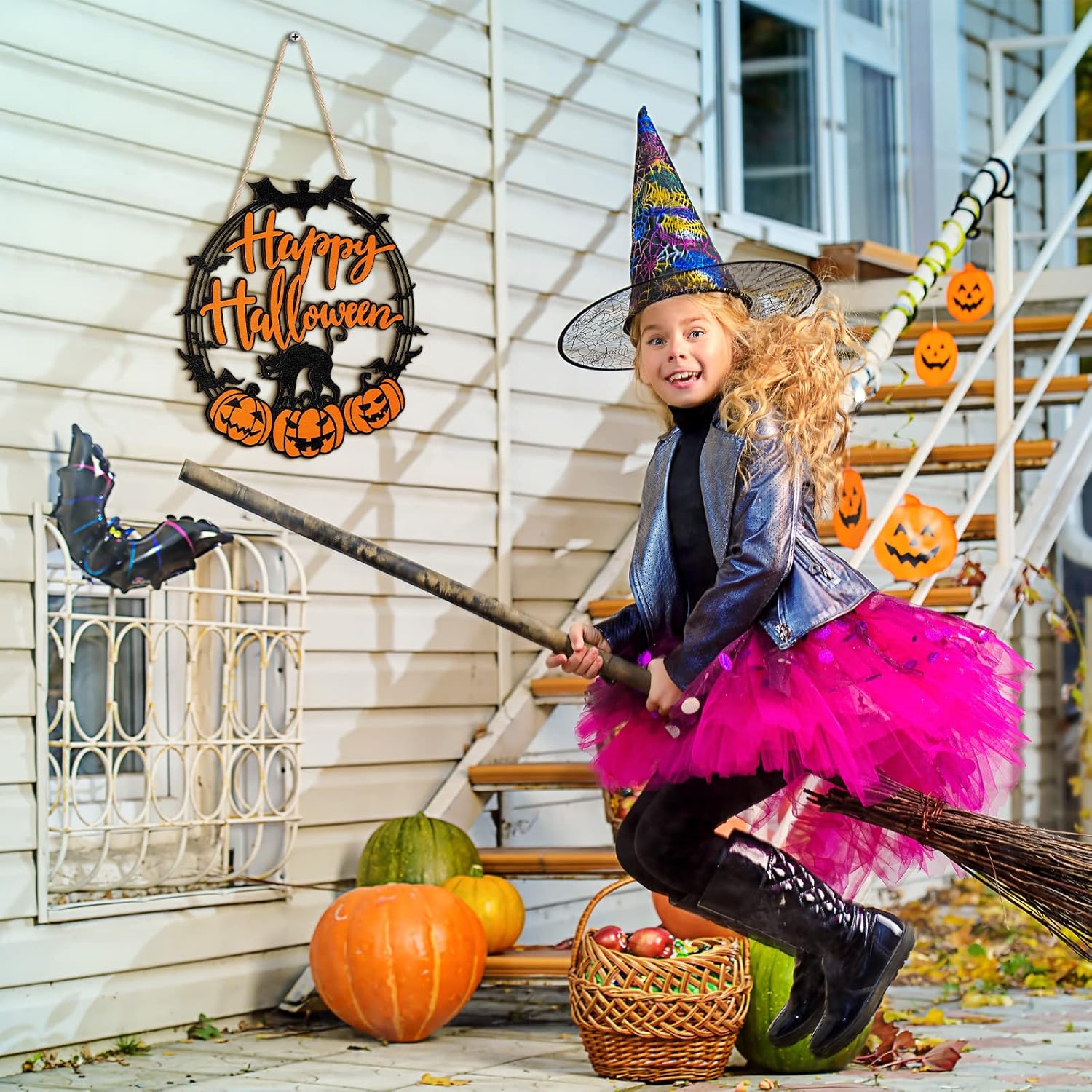 Bucherry Halloween Black Cat Pumpkin Door Sign