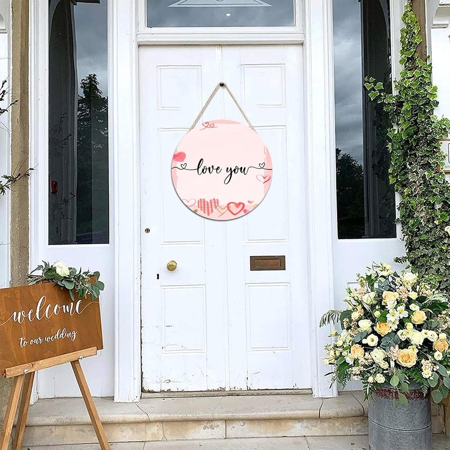 Welcome Sign Decor Wreath 12x12 Inch Wooden Sign Hanger