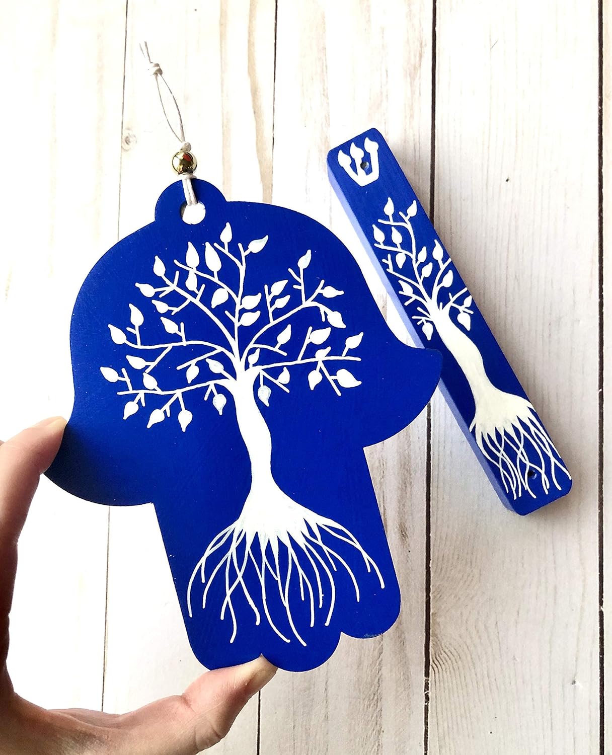 Tree of Life Hamsa Mezuzah Gift Set Dark Blue
