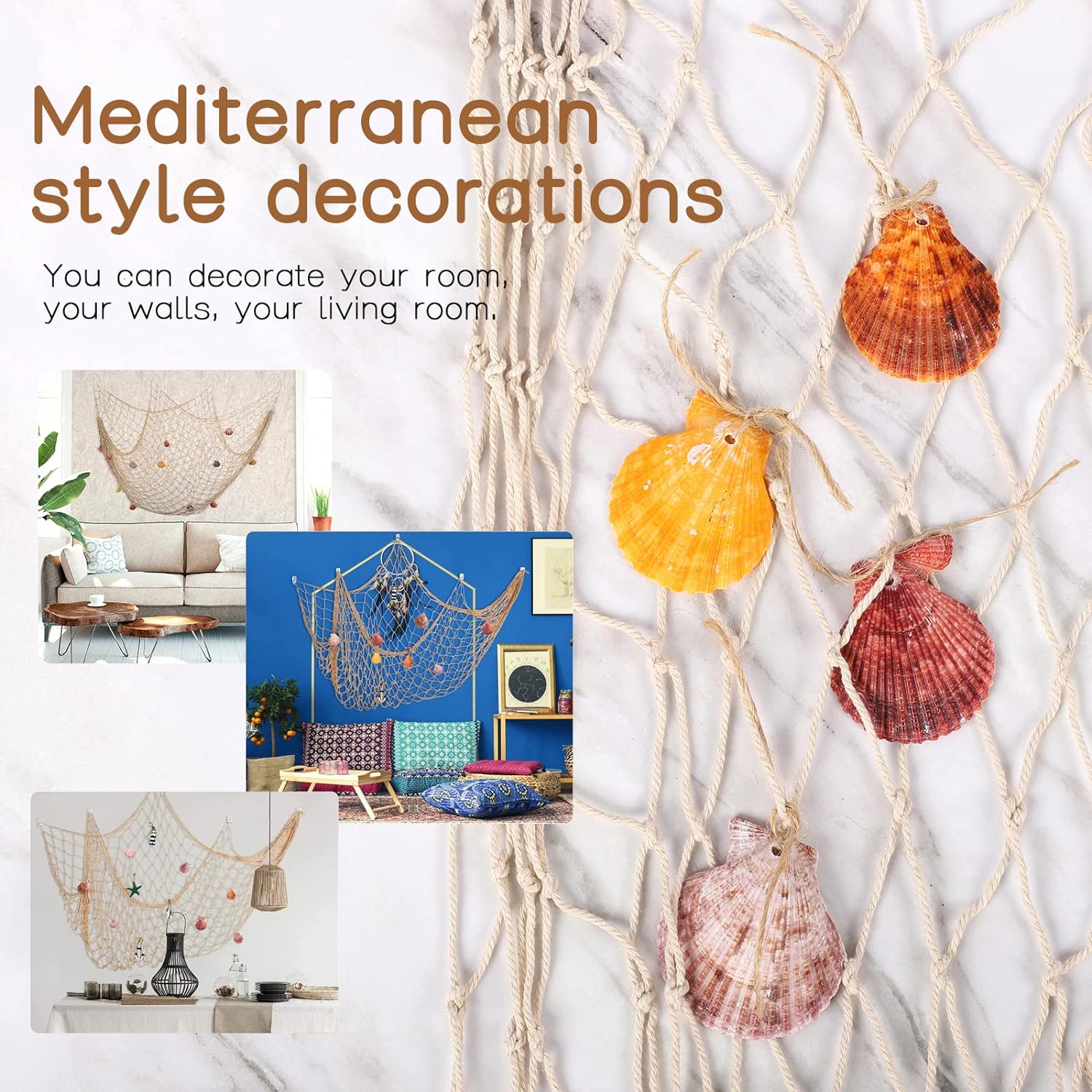 Mediterranean Fishing Net Wall Decor with Shells 79x40 Inch