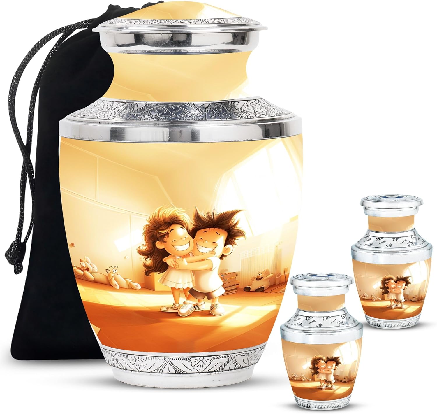 Brother Sister Urn Combo with Velvet Bag and 4 Small Cremation Urns