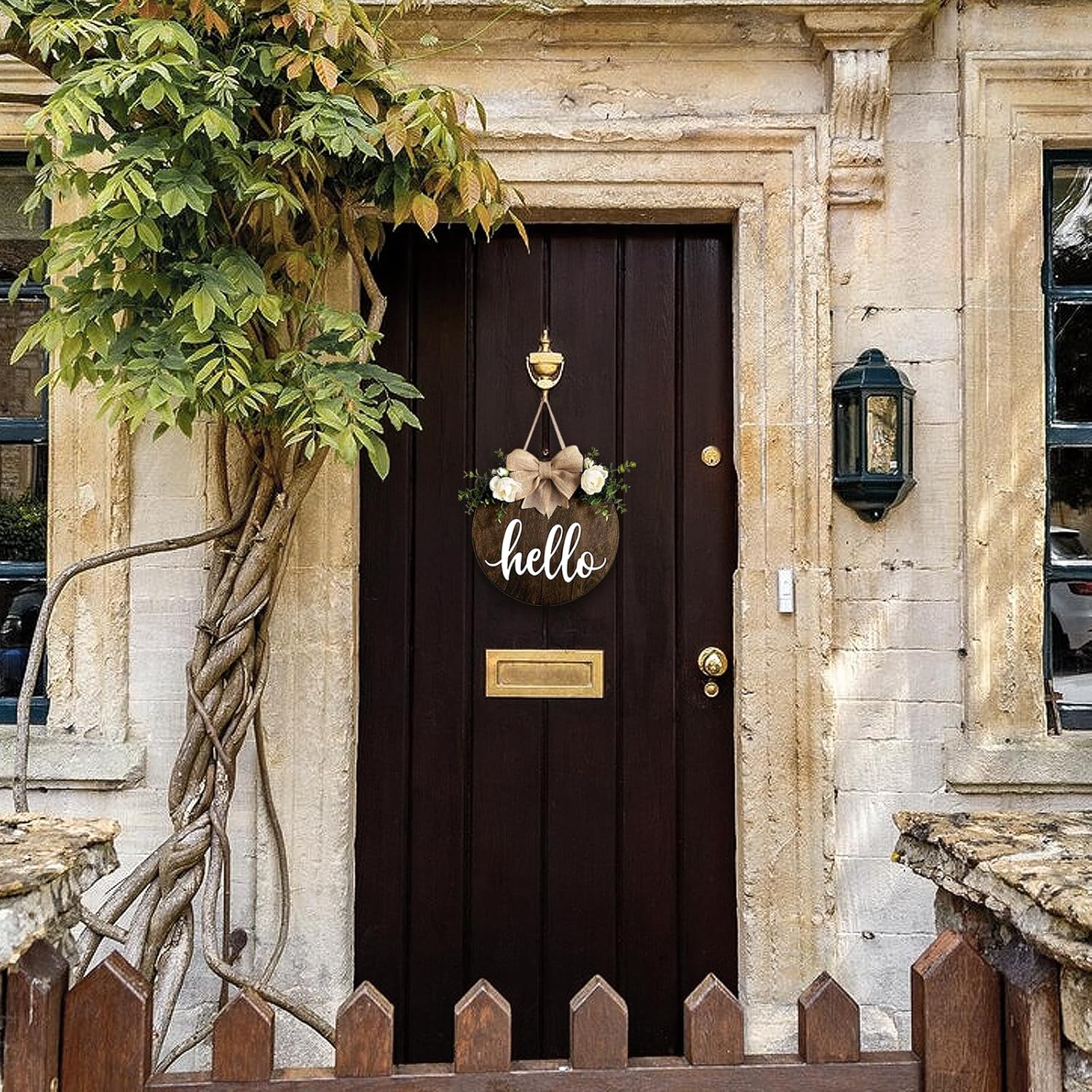 MayAvenue Rustic Round Welcome Sign with Bow and Greenery
