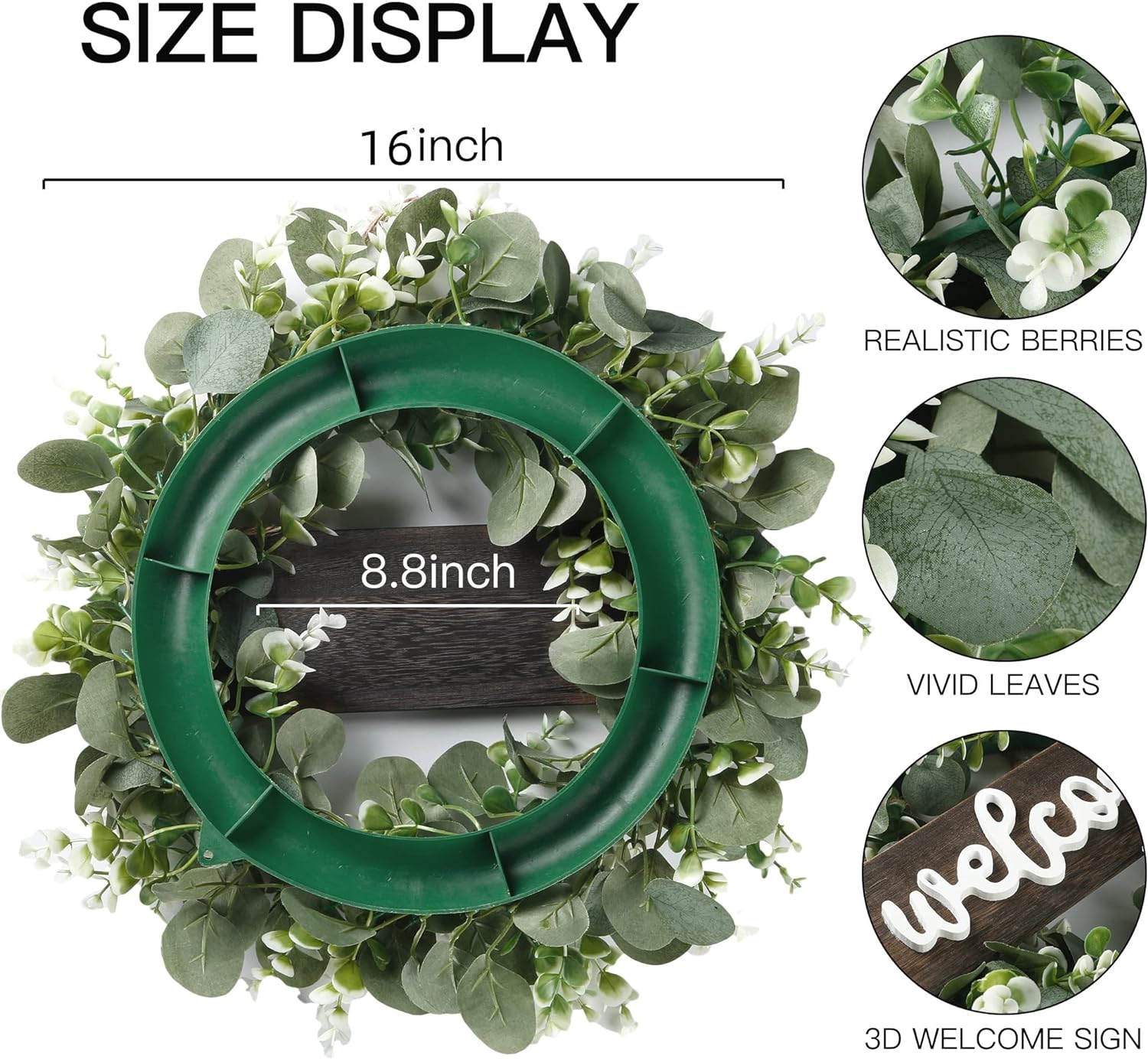 Sggvecsy 16in Artificial Eucalyptus Wreath with Welcome Sign