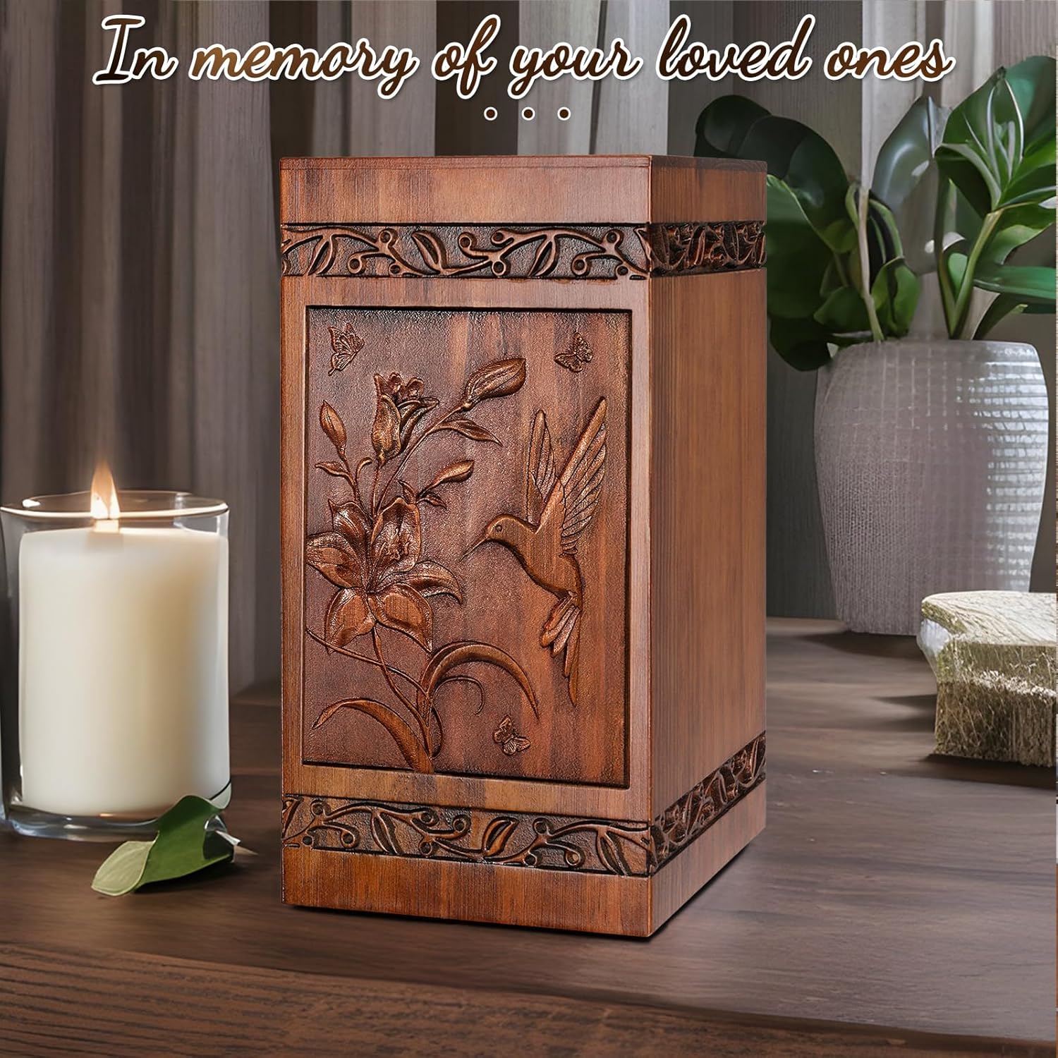 Handcrafted Wooden Cremation Urn with Hummingbird Design