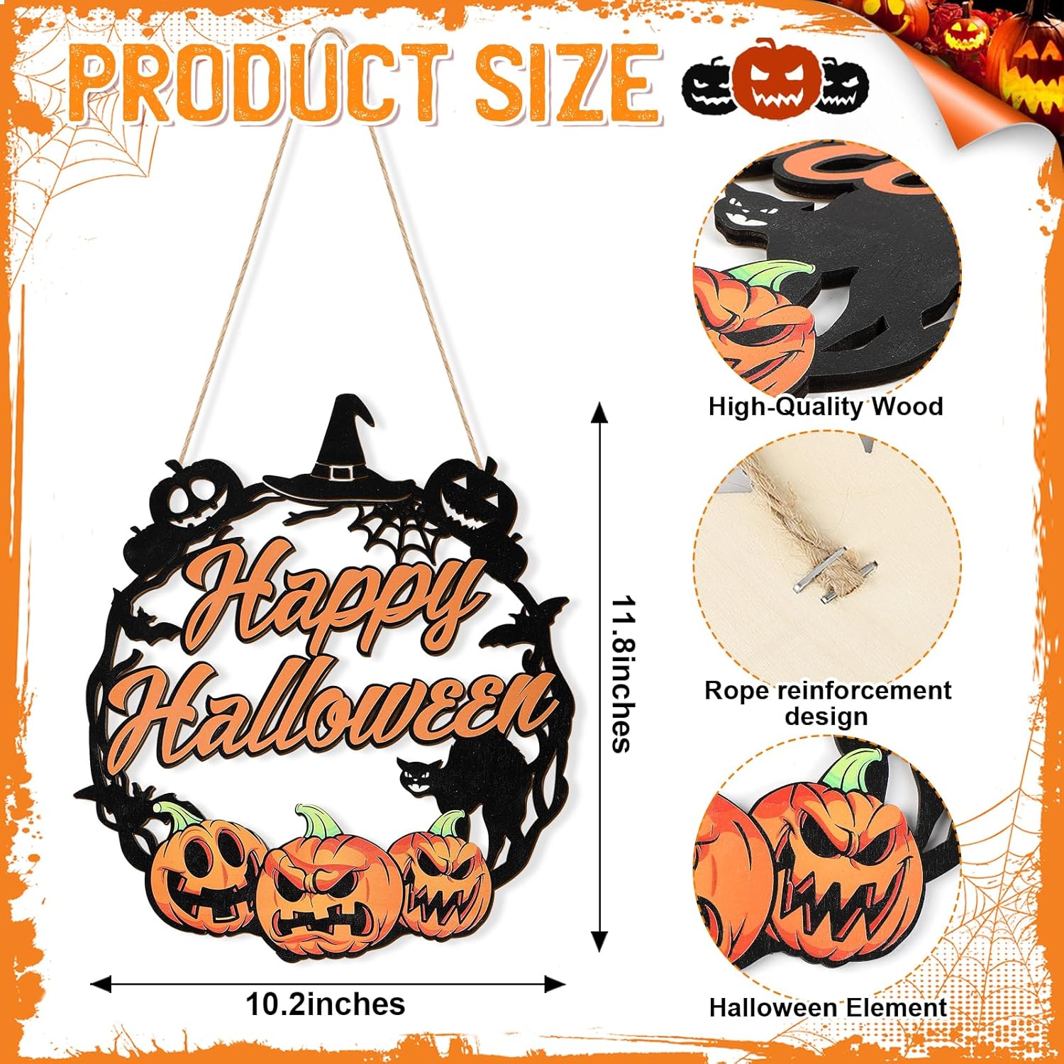 Sophena Halloween Door Wreath with Pumpkin and Black Cat Sign
