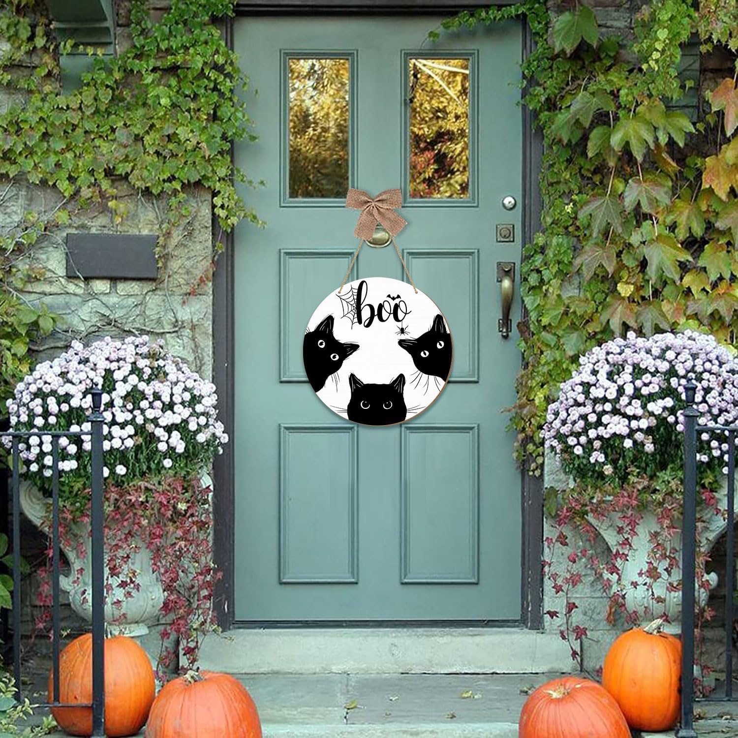 Halloween Black Cat Door Sign with BOO Text