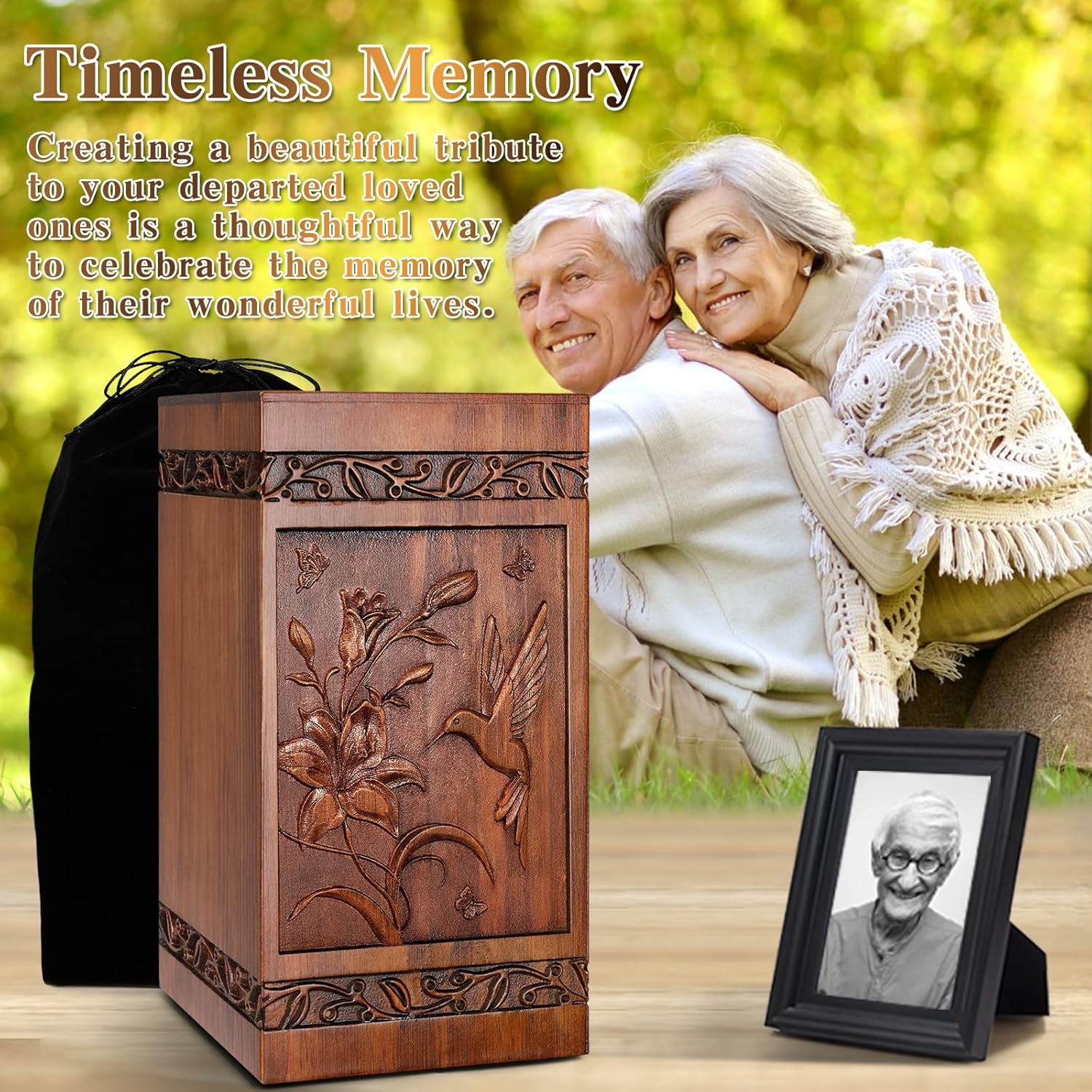 Handcrafted Wooden Cremation Urn with Hummingbird Design