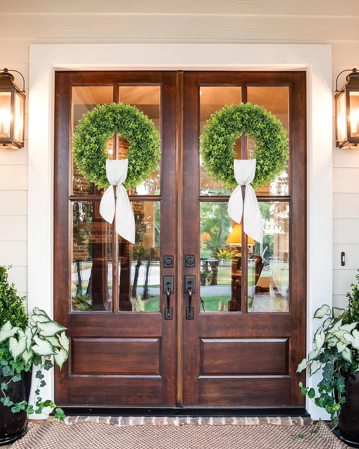 22 Inch Artificial Boxwood Wreath with Sash for Front Door