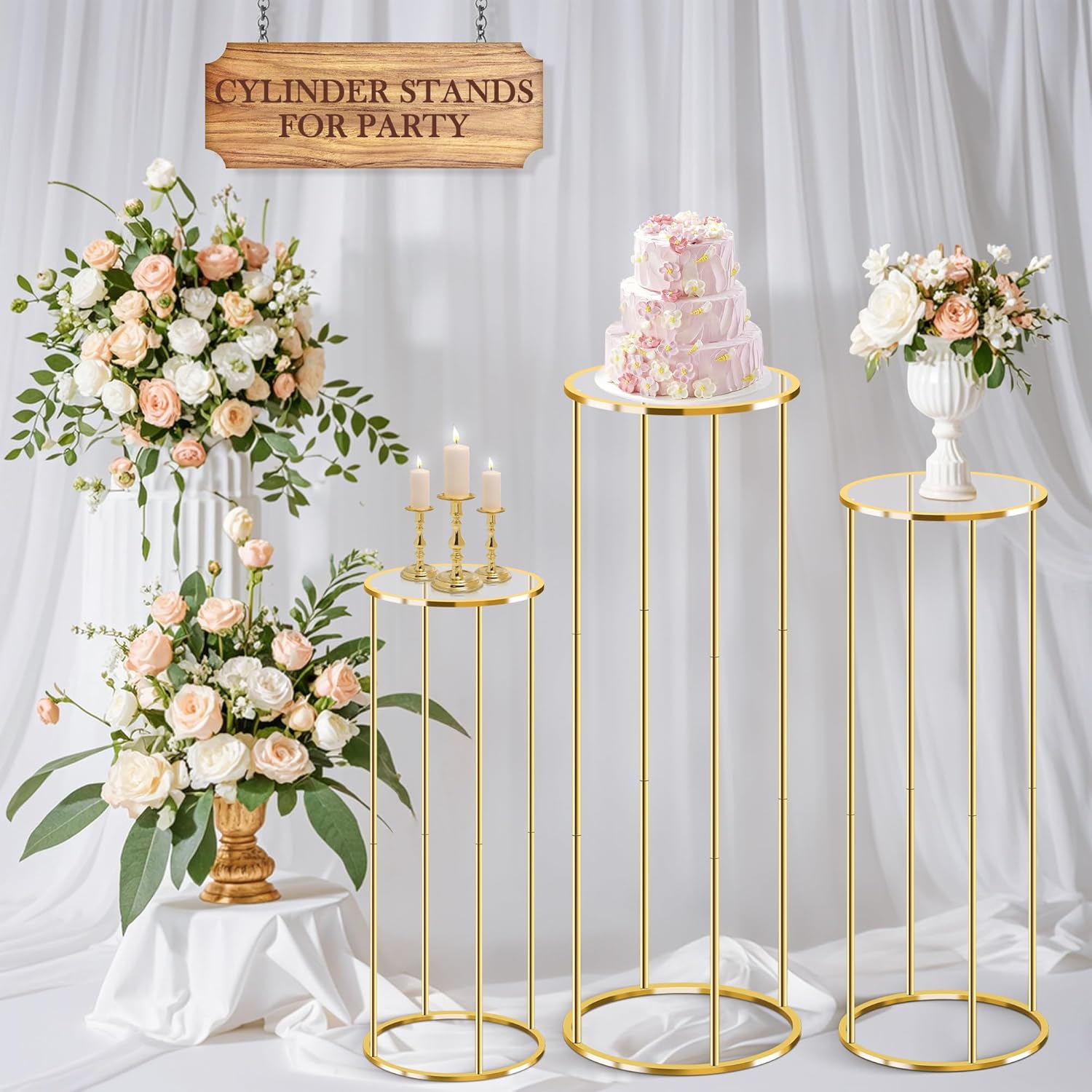 3PCS Gold Metal Cylinder Pedestal Stands For Party Decor