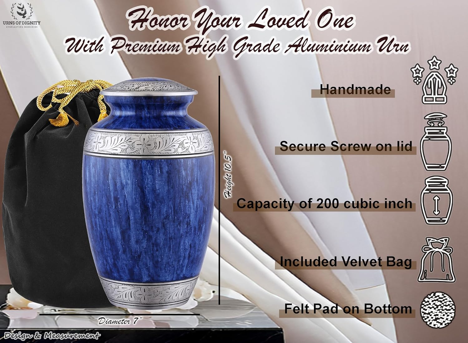 Elegant Blue Cremation Urn for Adult Ashes