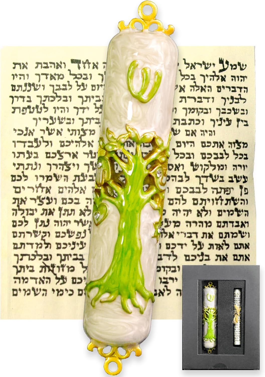 Exquisite Enamel Mezuzah with Scroll and Tree of Life Design