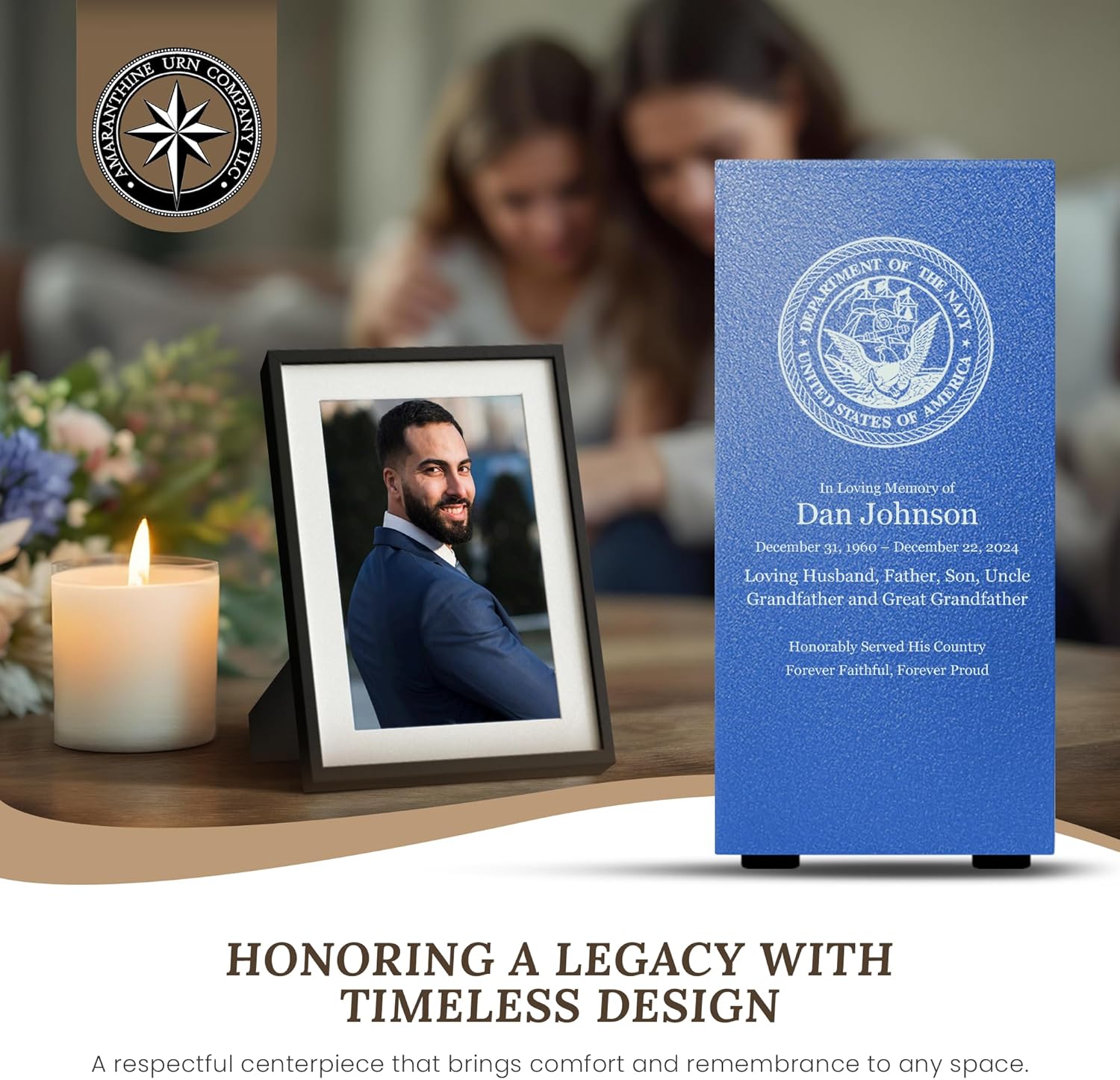 Navy Cremation Urn with Custom Text and Base - Made in USA