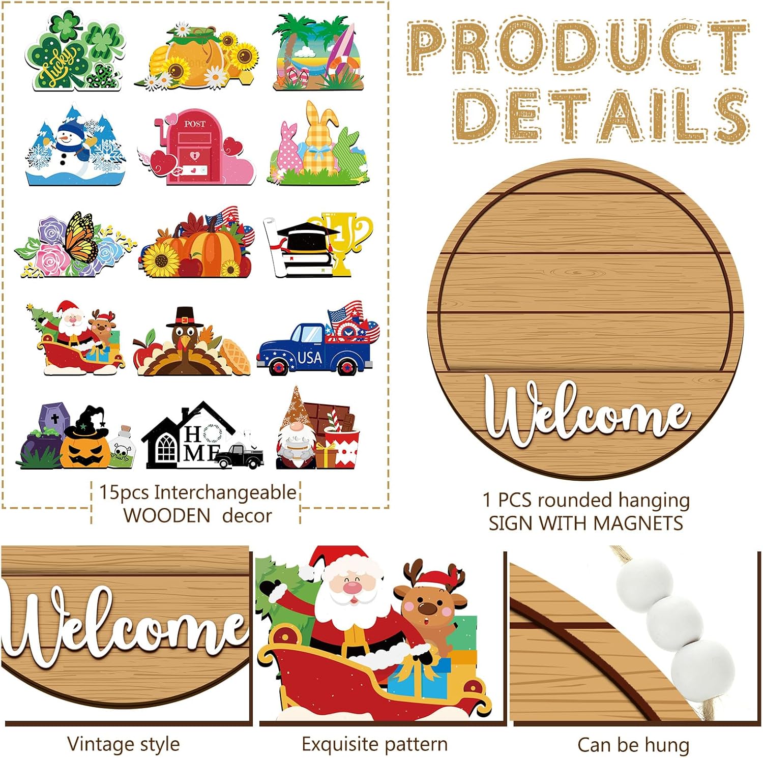 Sintuff Seasonal Welcome Sign with Interchangeable Decorations