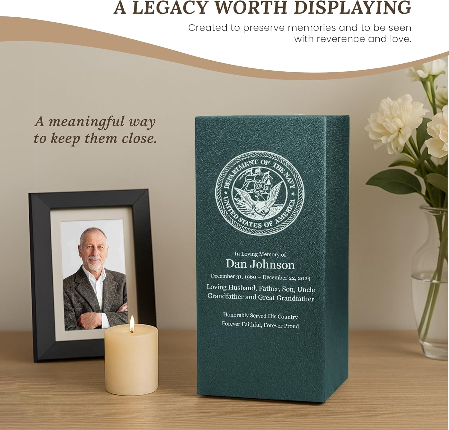 Navy Cremation Urn with Custom Text and Base - Made in USA