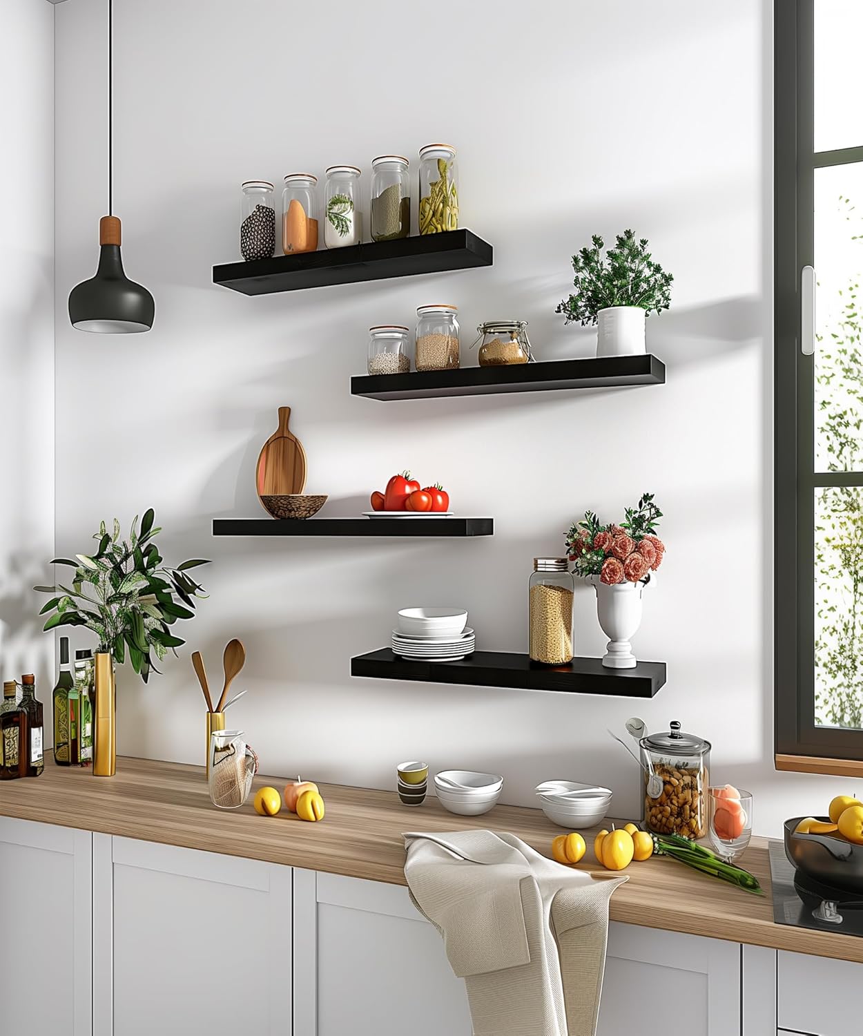 PHPH Wood Floating Shelves Set of 6 Black 17 Inch