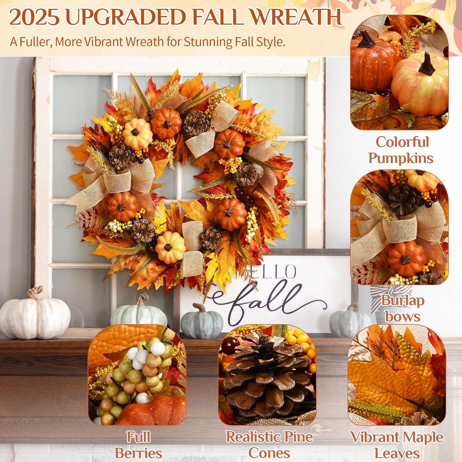 Yastouay 20 Inch Fall Wreath for Front Door