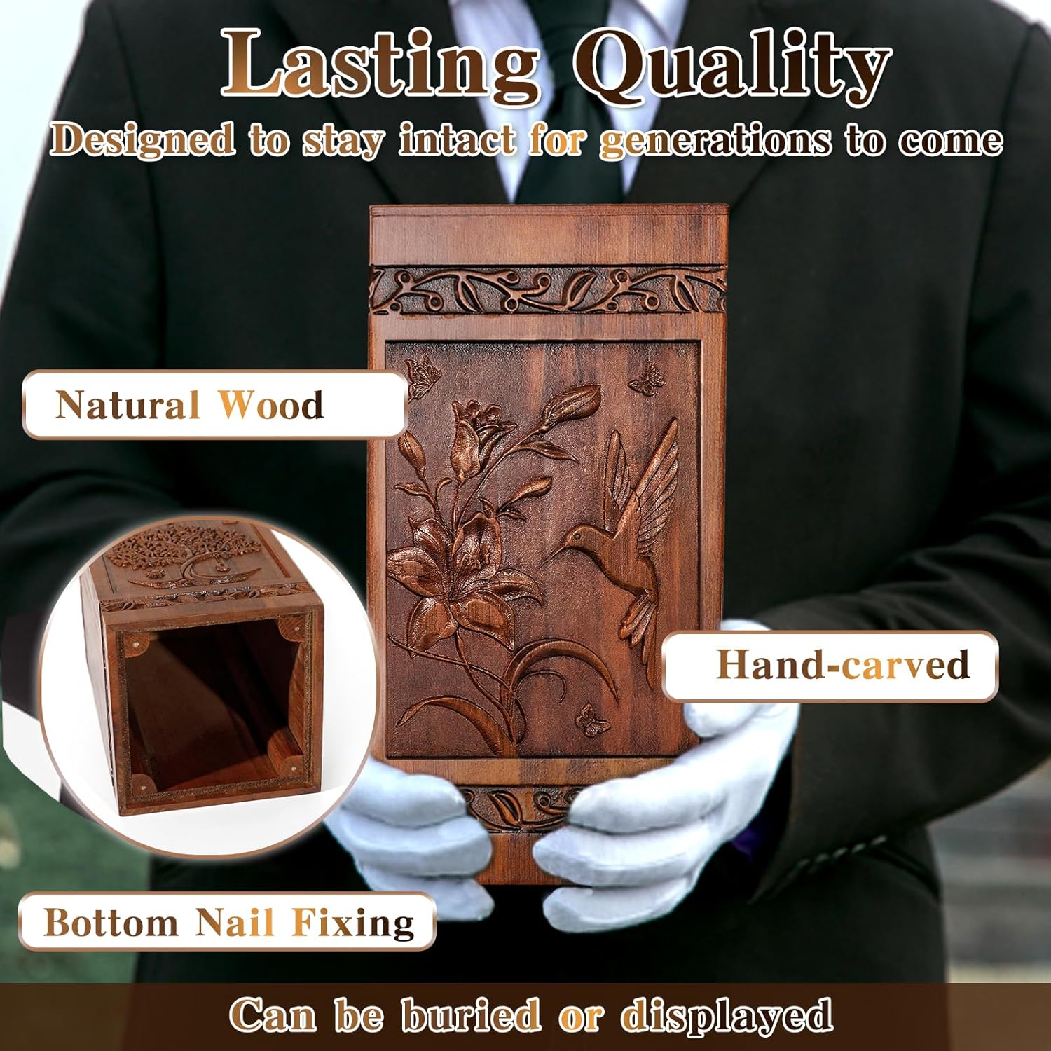 Handcrafted Wooden Cremation Urn with Hummingbird Design