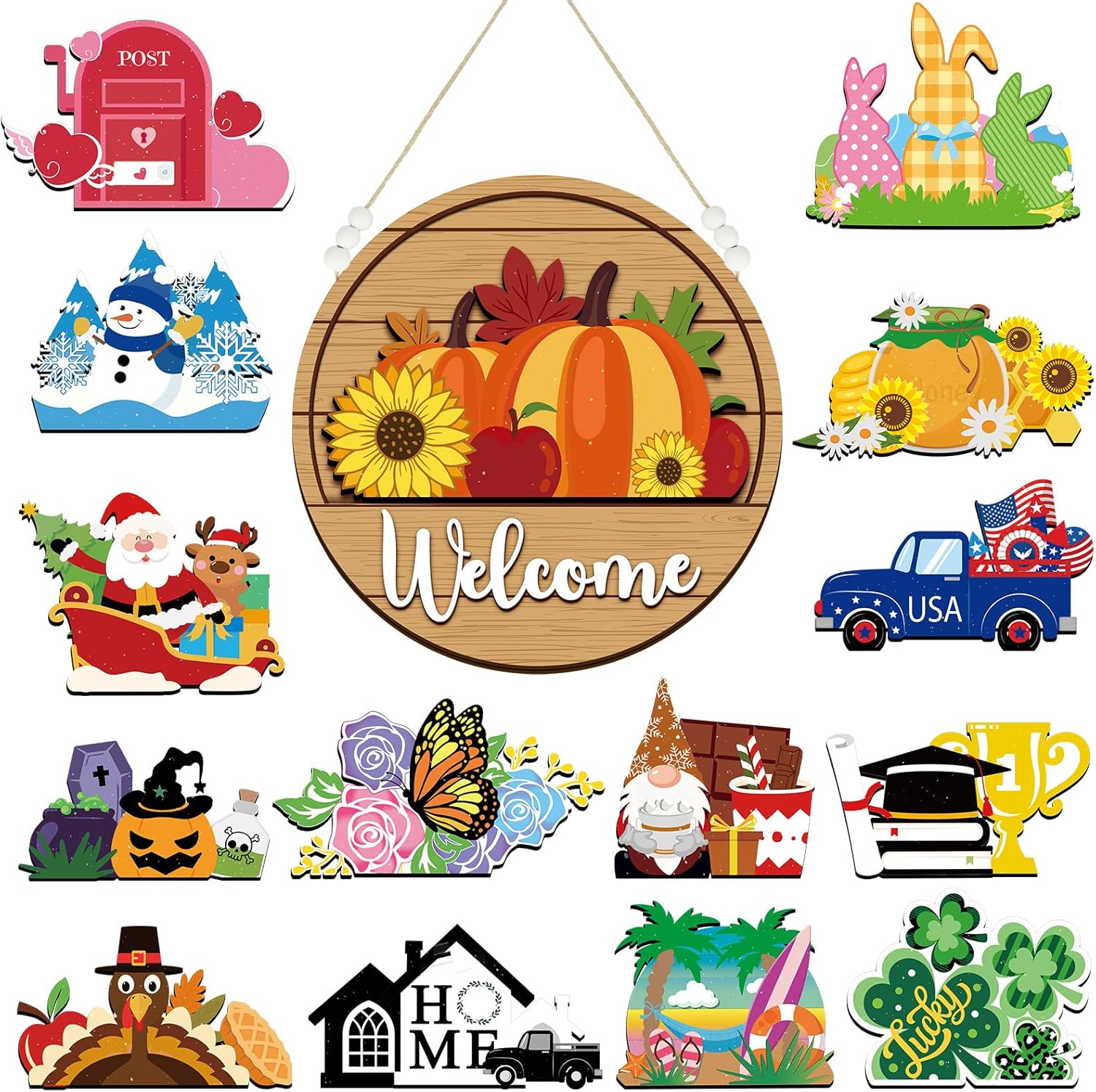 Sintuff Seasonal Welcome Sign with Interchangeable Decorations