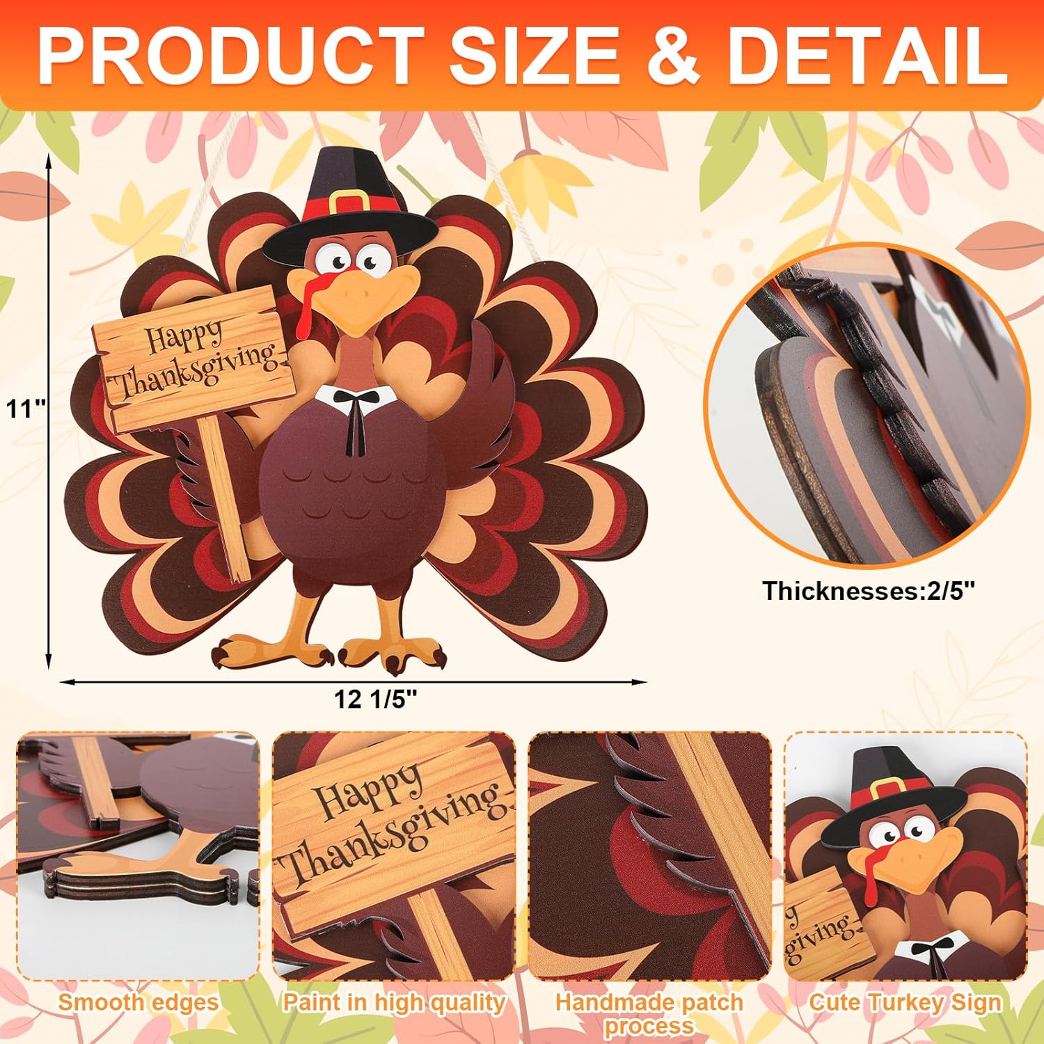 COCHIE Thanksgiving Turkey Wooden Wreath Sign for Front Door