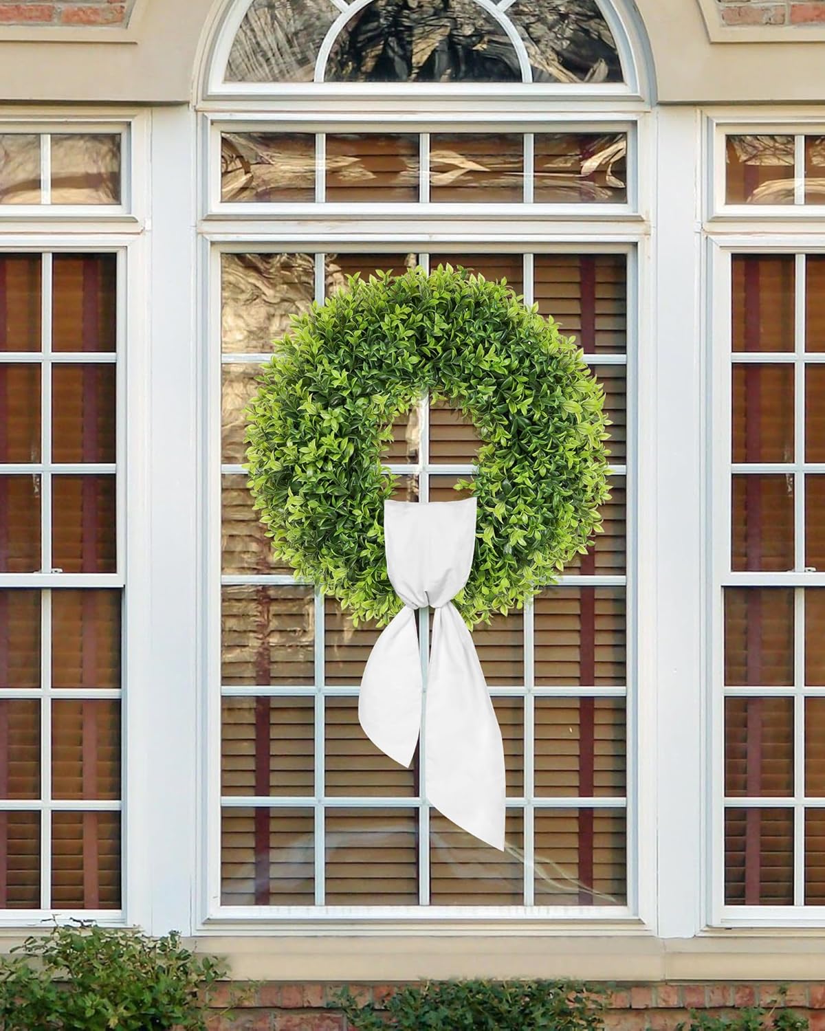 22 Inch Artificial Boxwood Wreath with Sash for Front Door