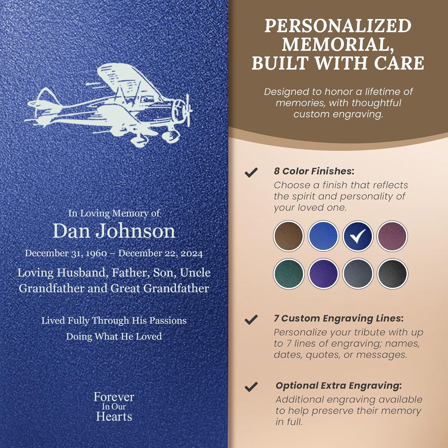 Elegant Customizable Cremation Urn for Human Ashes - Airplane Pilot