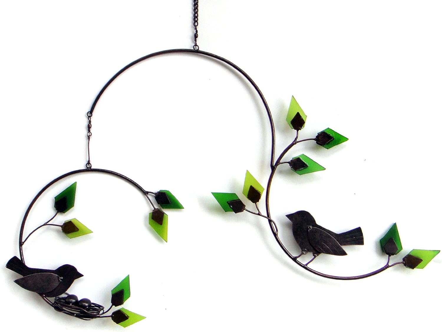 Forest Birds Yard Art with Glass Leaf Mobile
