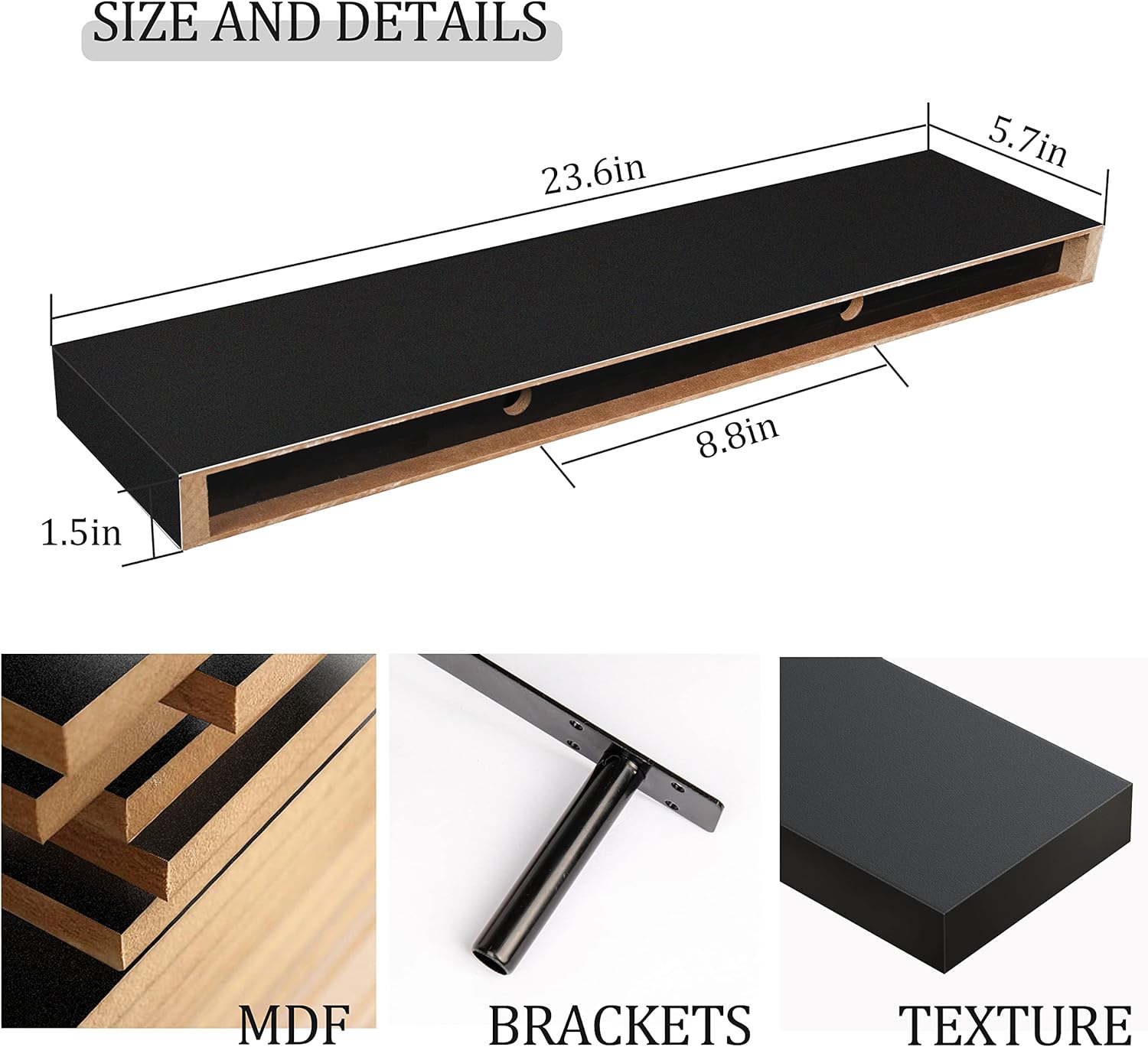 BAMEOS Floating Shelf Set L24xW6 Black