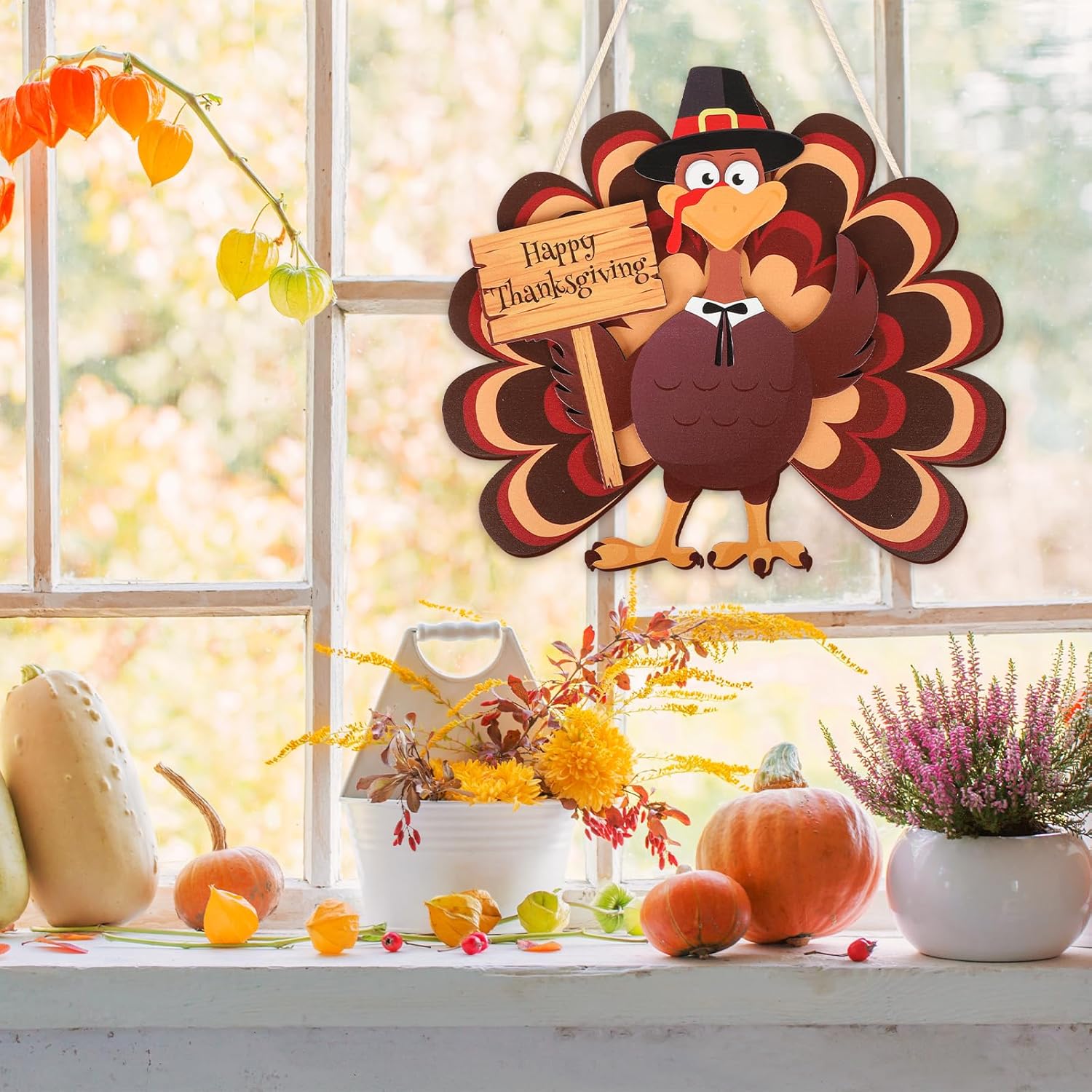 COCHIE Thanksgiving Turkey Wooden Wreath Sign for Front Door
