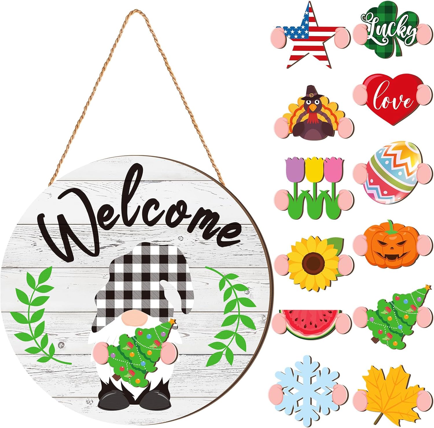 Geetery 12 Inch Decorative Welcome Sign with Interchangeable Holiday Symbols