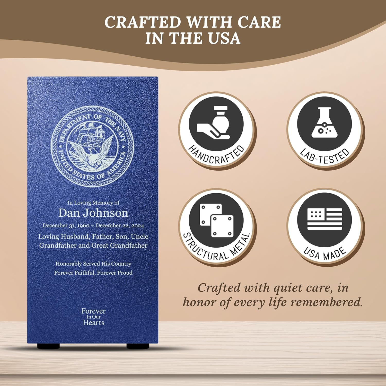 Navy Cremation Urn with Custom Text and Base - Made in USA