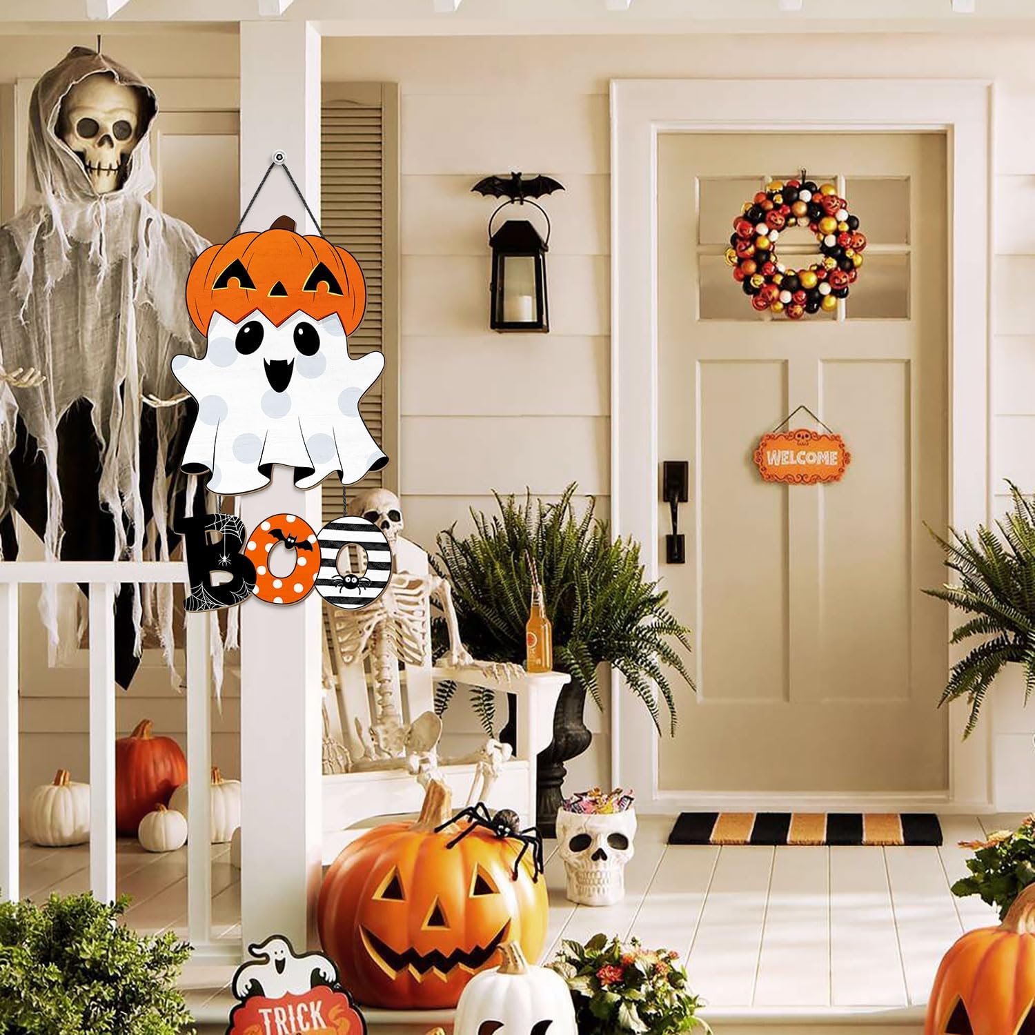 Halloween Ghost BOO Wood Door Hanging Sign Decorations