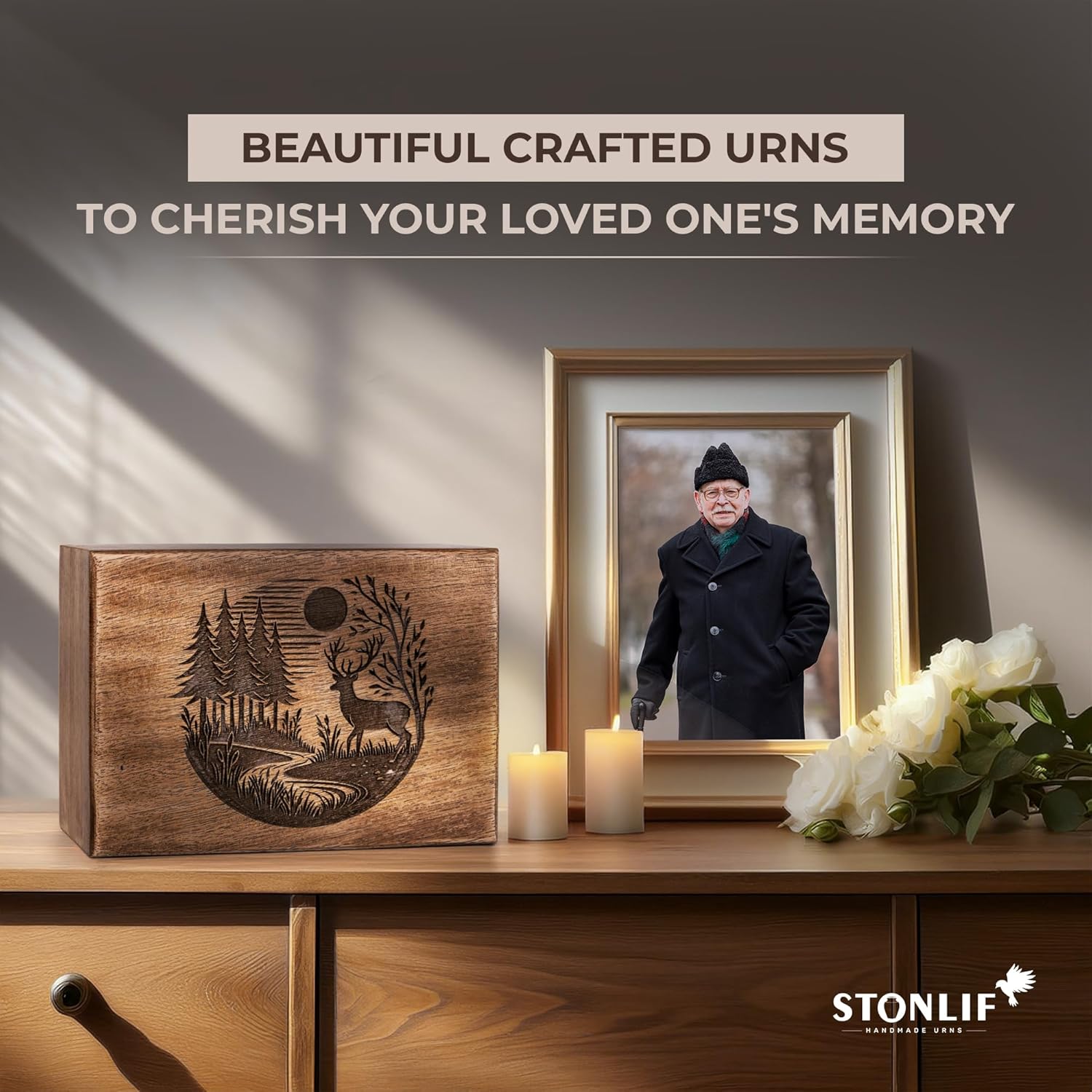 Mango Wood Cremation Urn with Deer Engraving