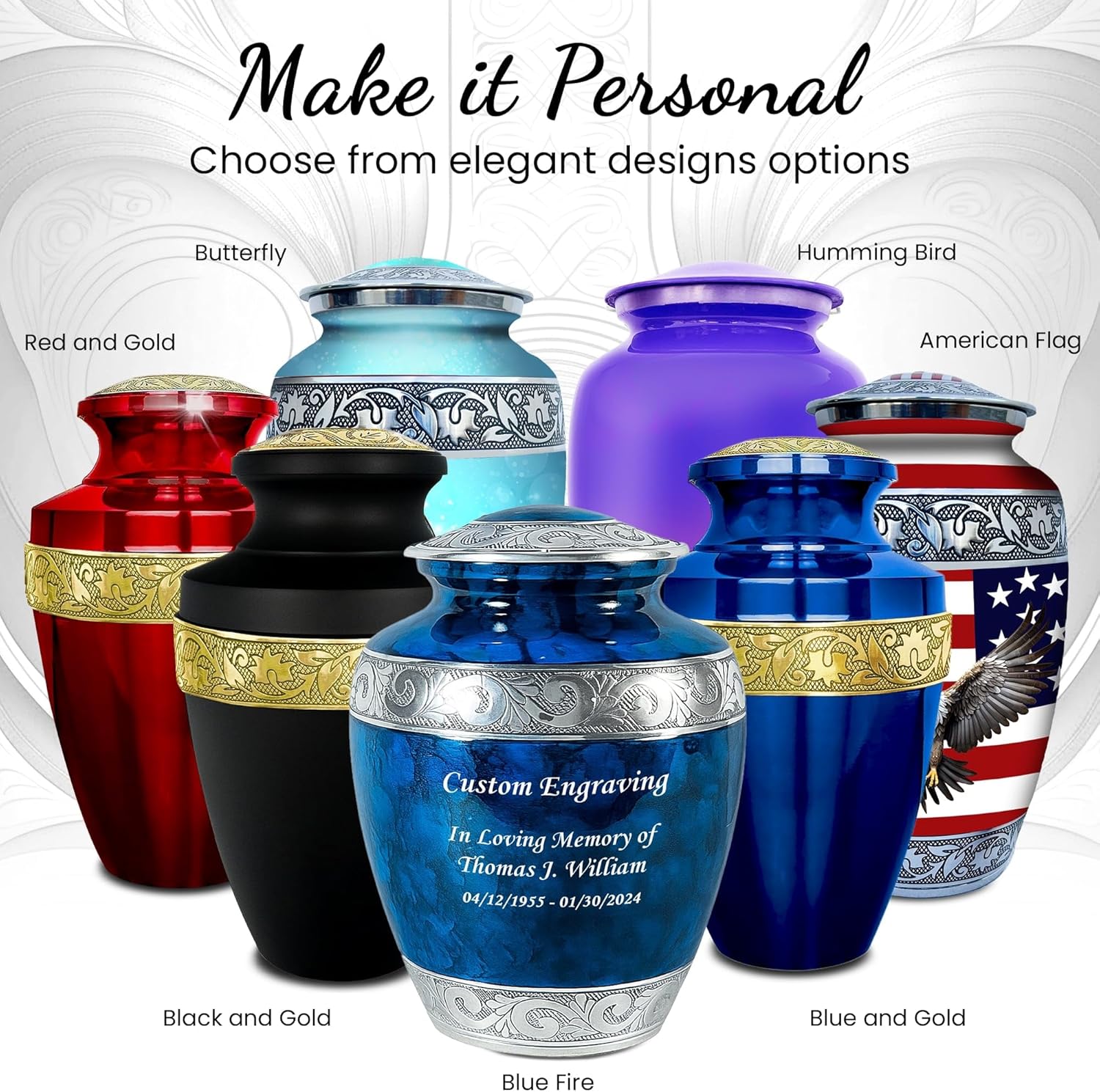 Personalized Engraved Set of 6 Funeral Urns for Human Ashes