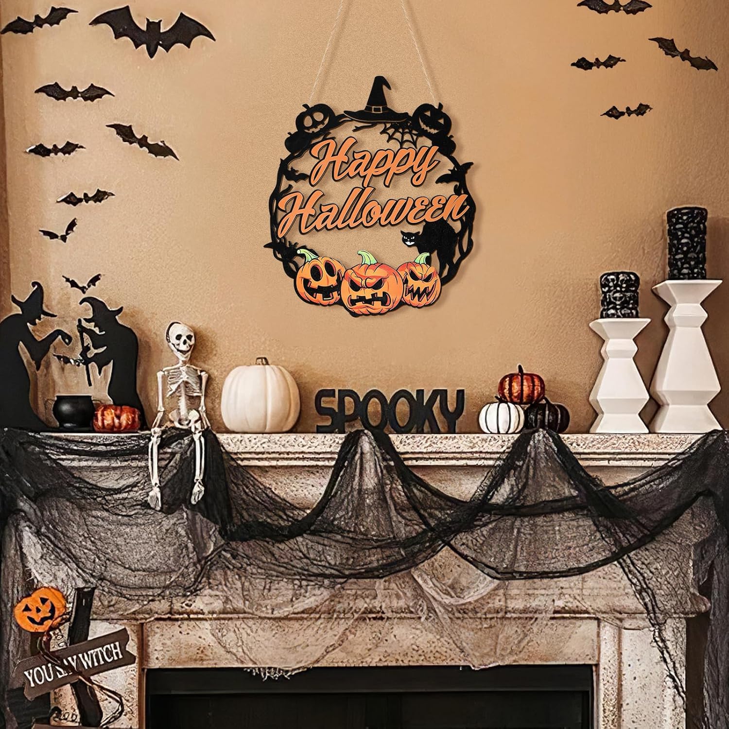 Sophena Halloween Door Wreath with Pumpkin and Black Cat Sign