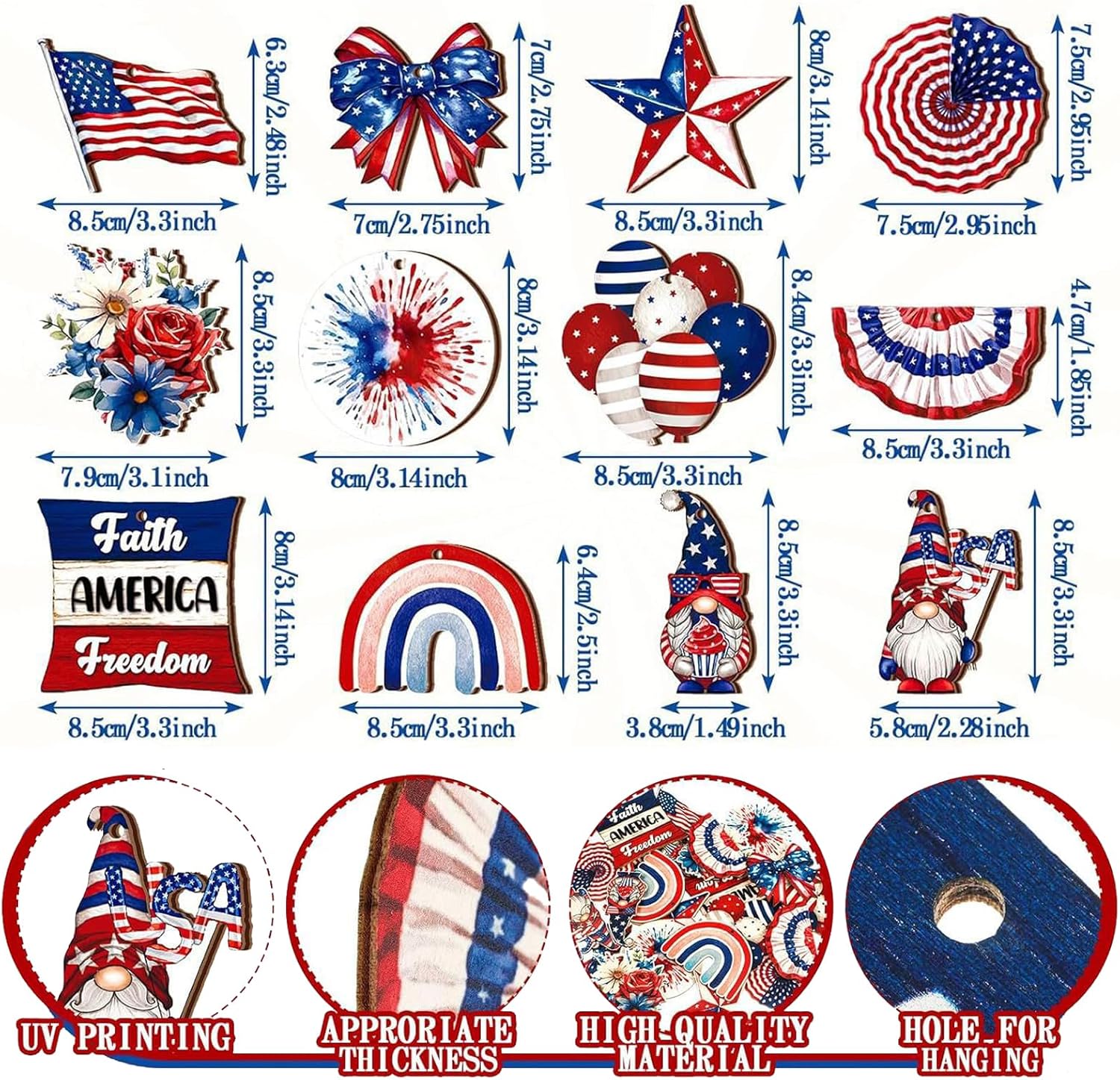 24 Pcs Fourth of July Hanging Ornaments with Rope