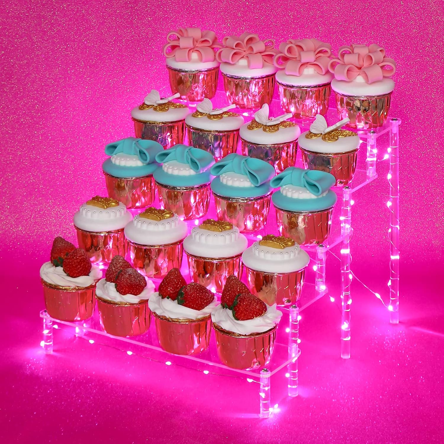 DIWNELEM 5 Tier Acrylic Display Riser with Pink LED Light