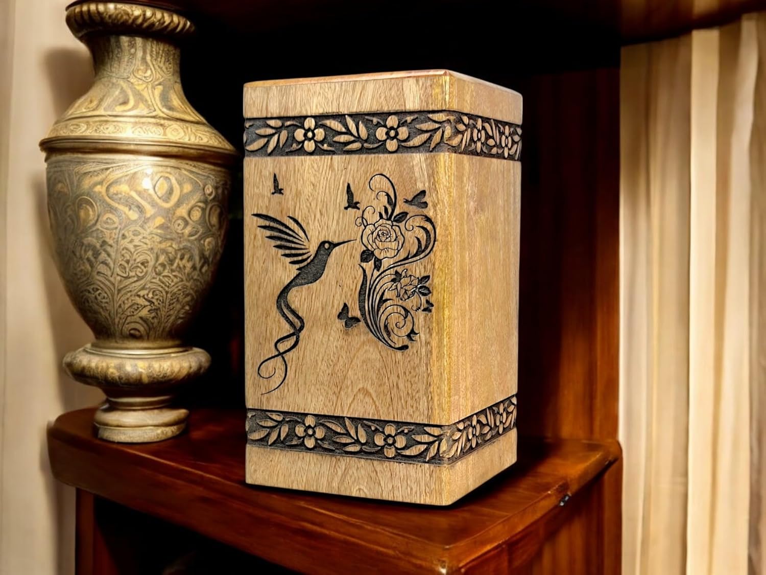 Handcrafted Wooden Cremation Urn with Bird Engraving