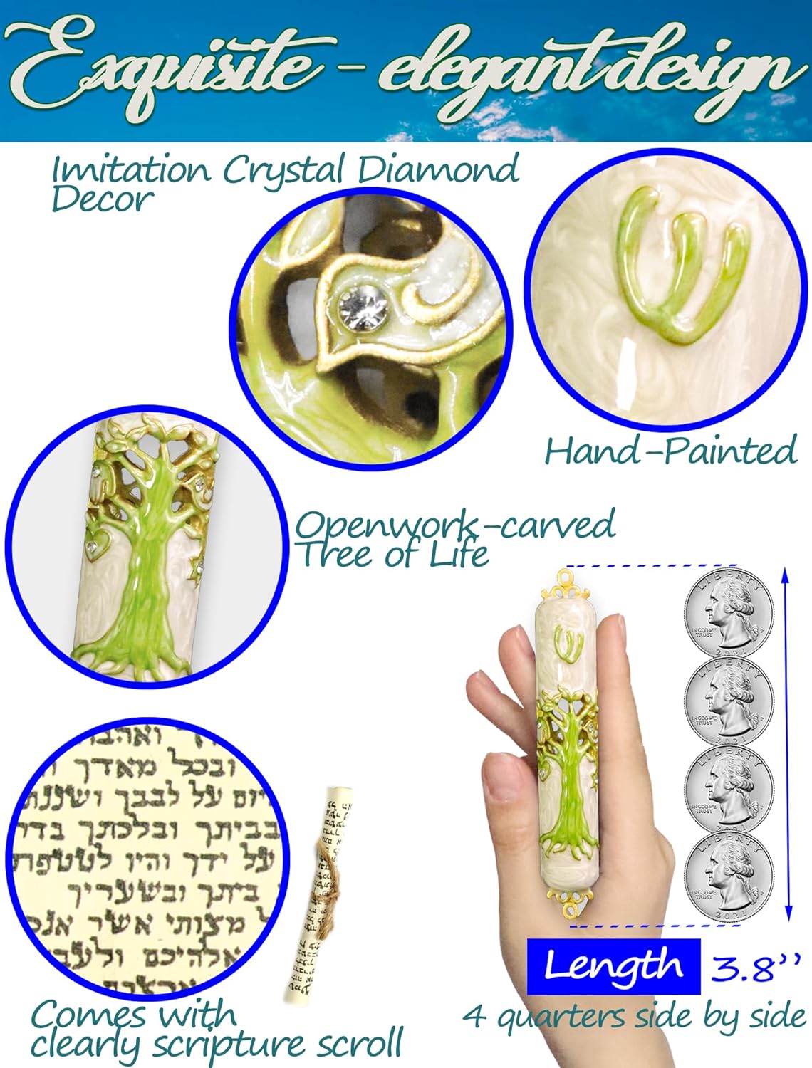 Exquisite Enamel Mezuzah with Scroll and Tree of Life Design