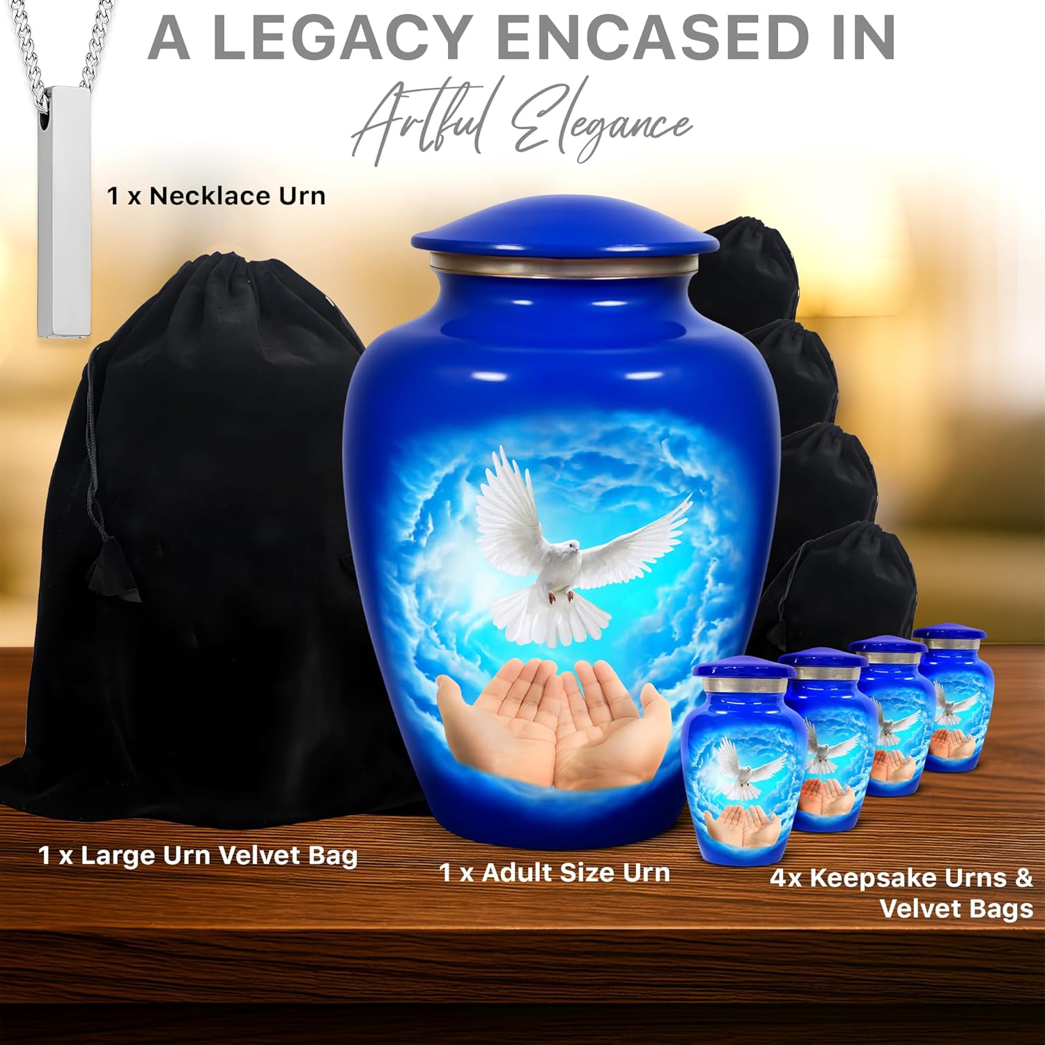 Eternal Love Dove Cremation Urn Set of 6 with Large Urn and Necklace