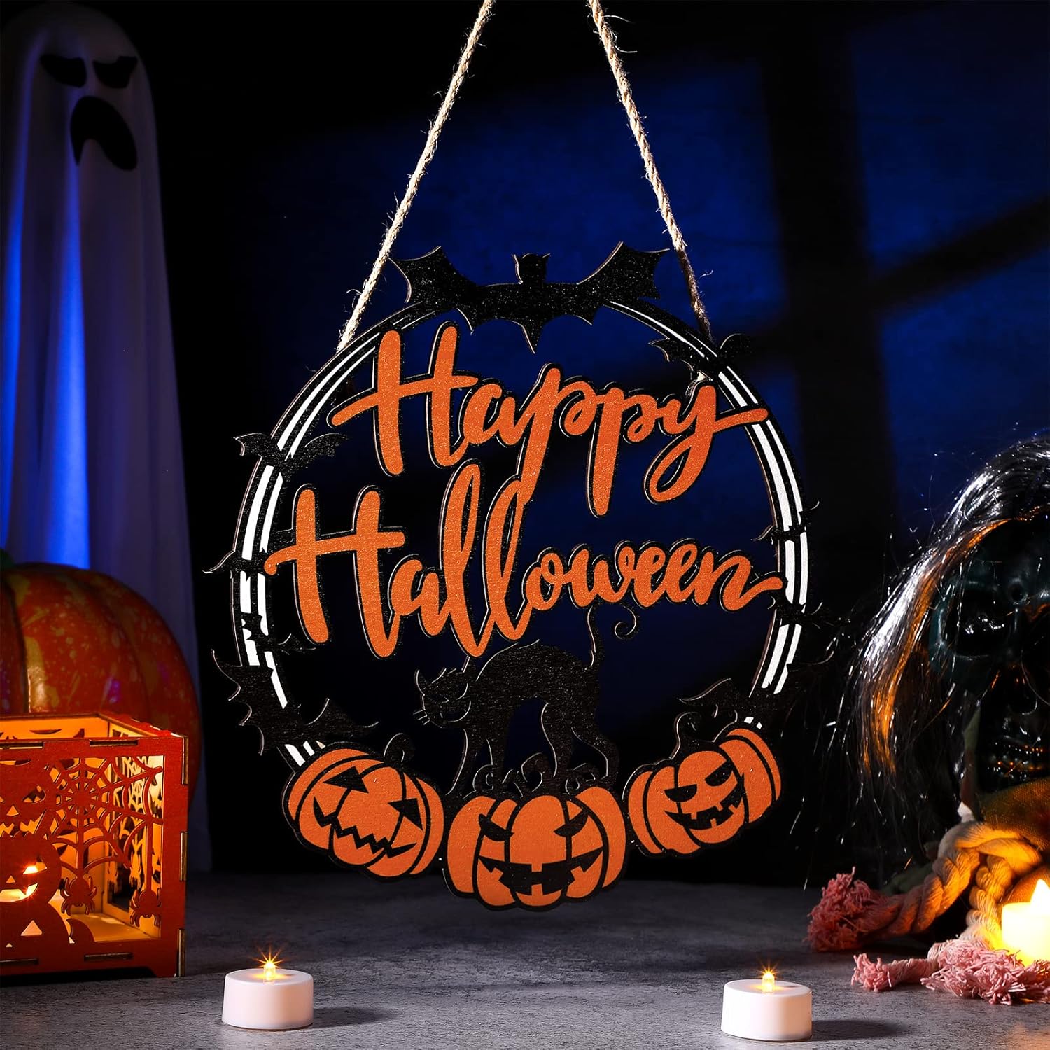 Bucherry Halloween Black Cat Pumpkin Door Sign