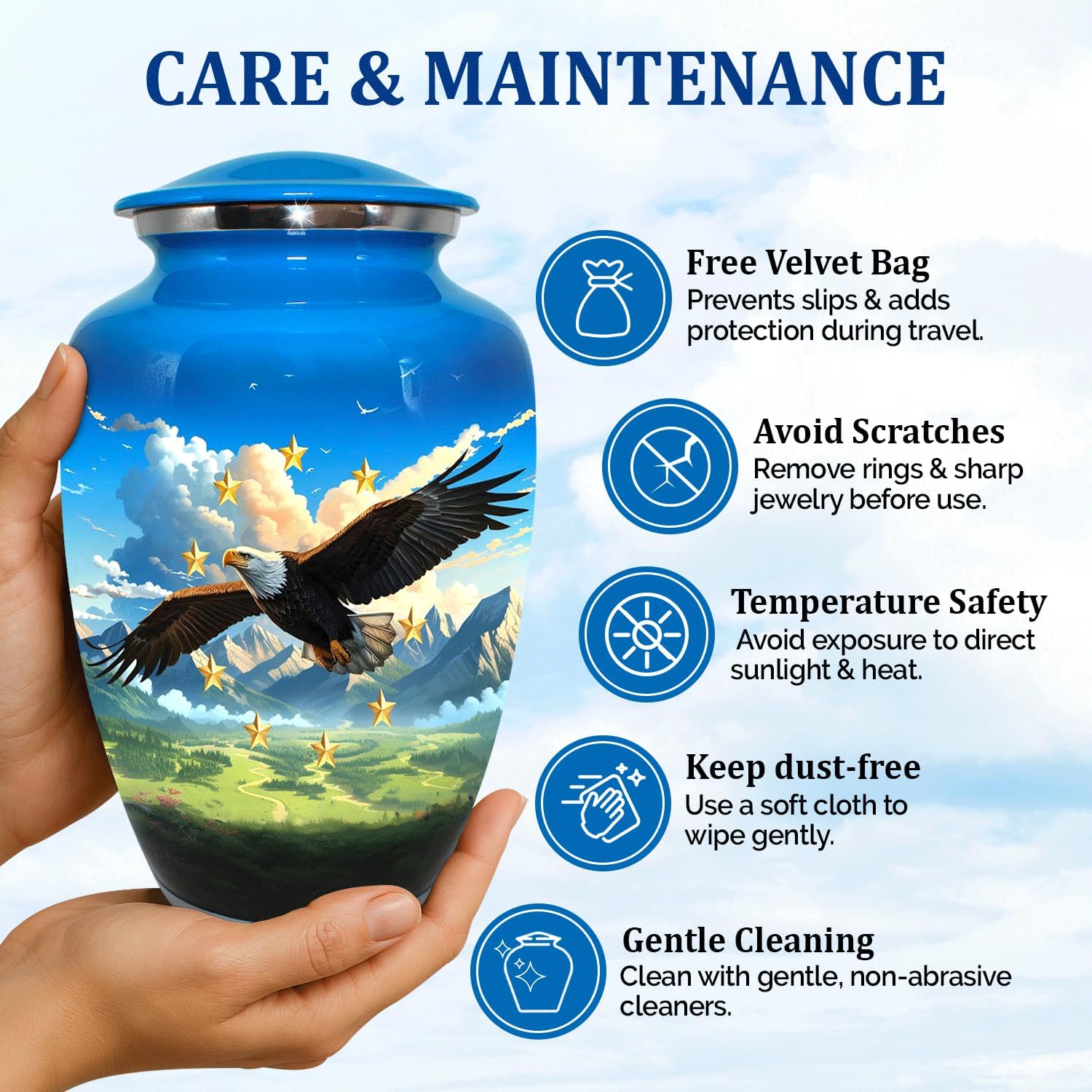 Eagle Flag Cremation Urn for Adult Male - Patriotic Cobalt Blue Large