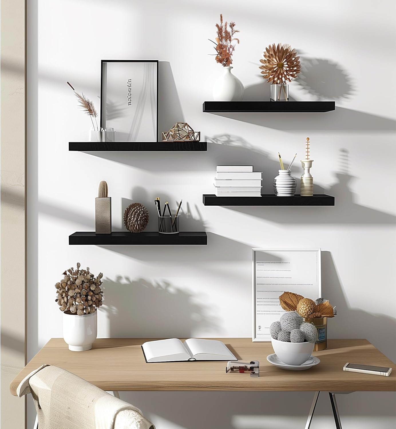PHPH Wood Floating Shelves Set of 6 Black 17 Inch
