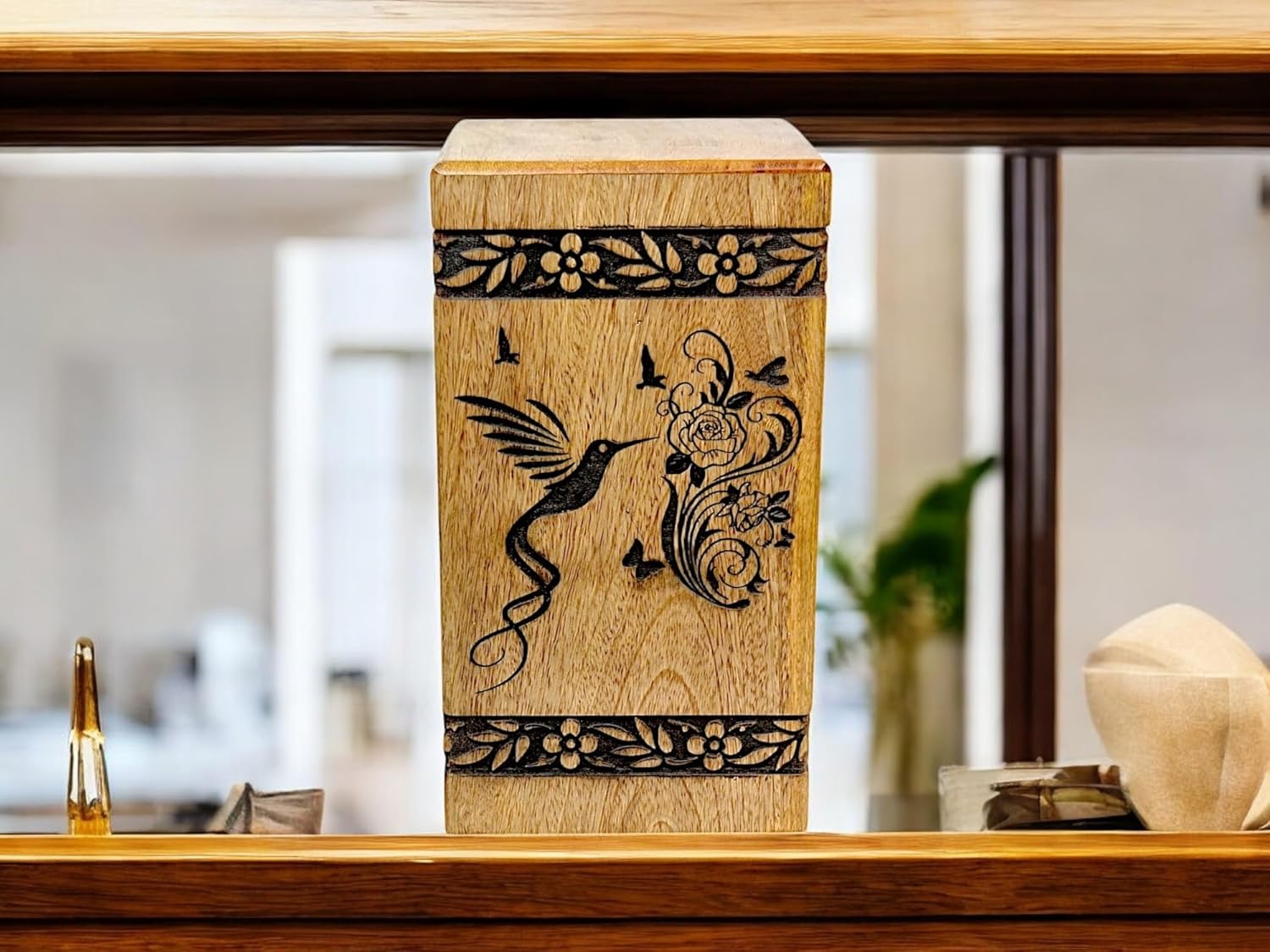 Handcrafted Wooden Cremation Urn with Bird Engraving
