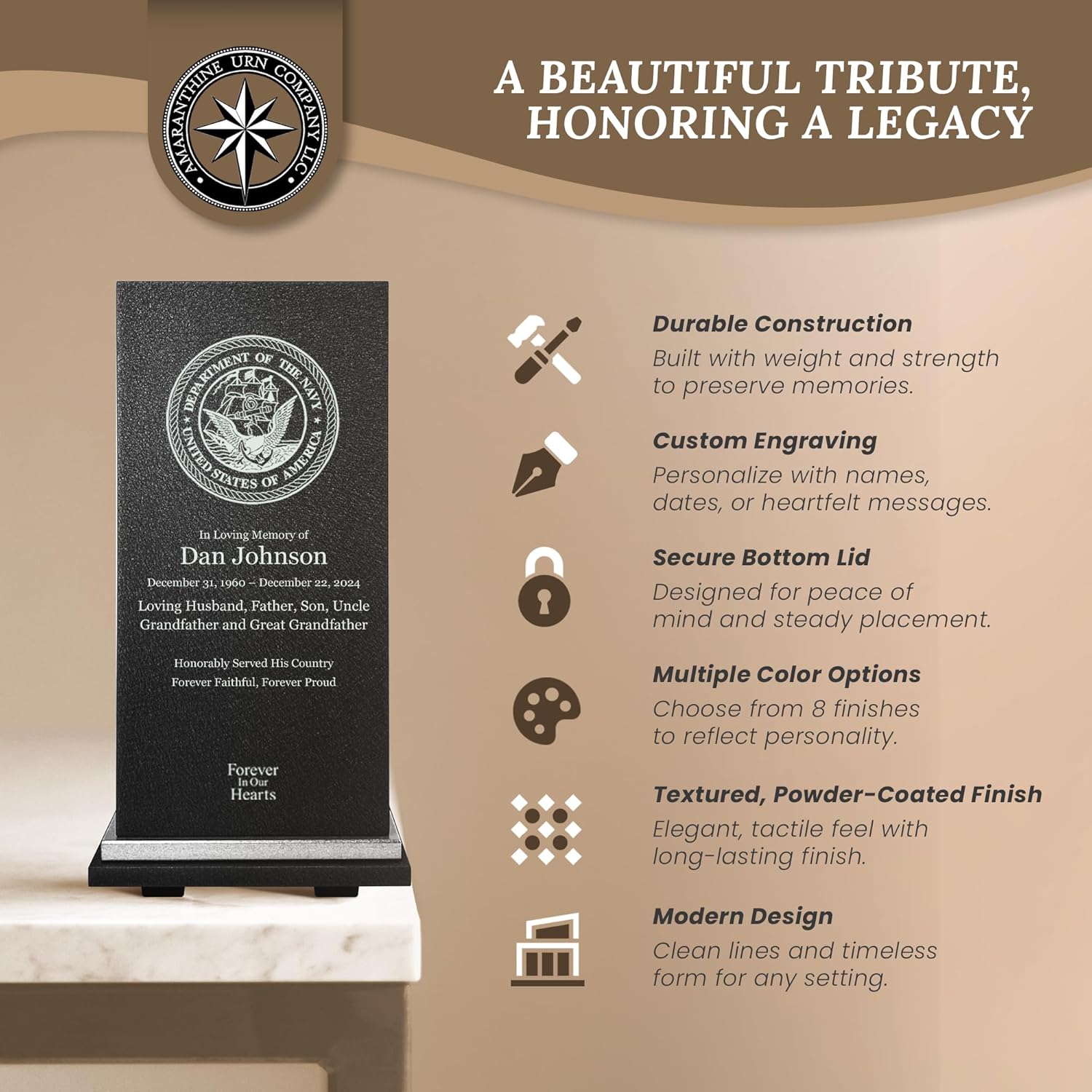 Navy Cremation Urn with Custom Text and Base - Made in USA