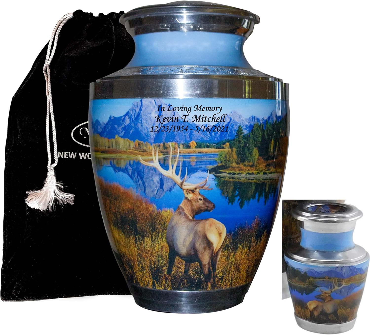 Personalized Large Funeral Urn with Velvet Bag and Keepsake