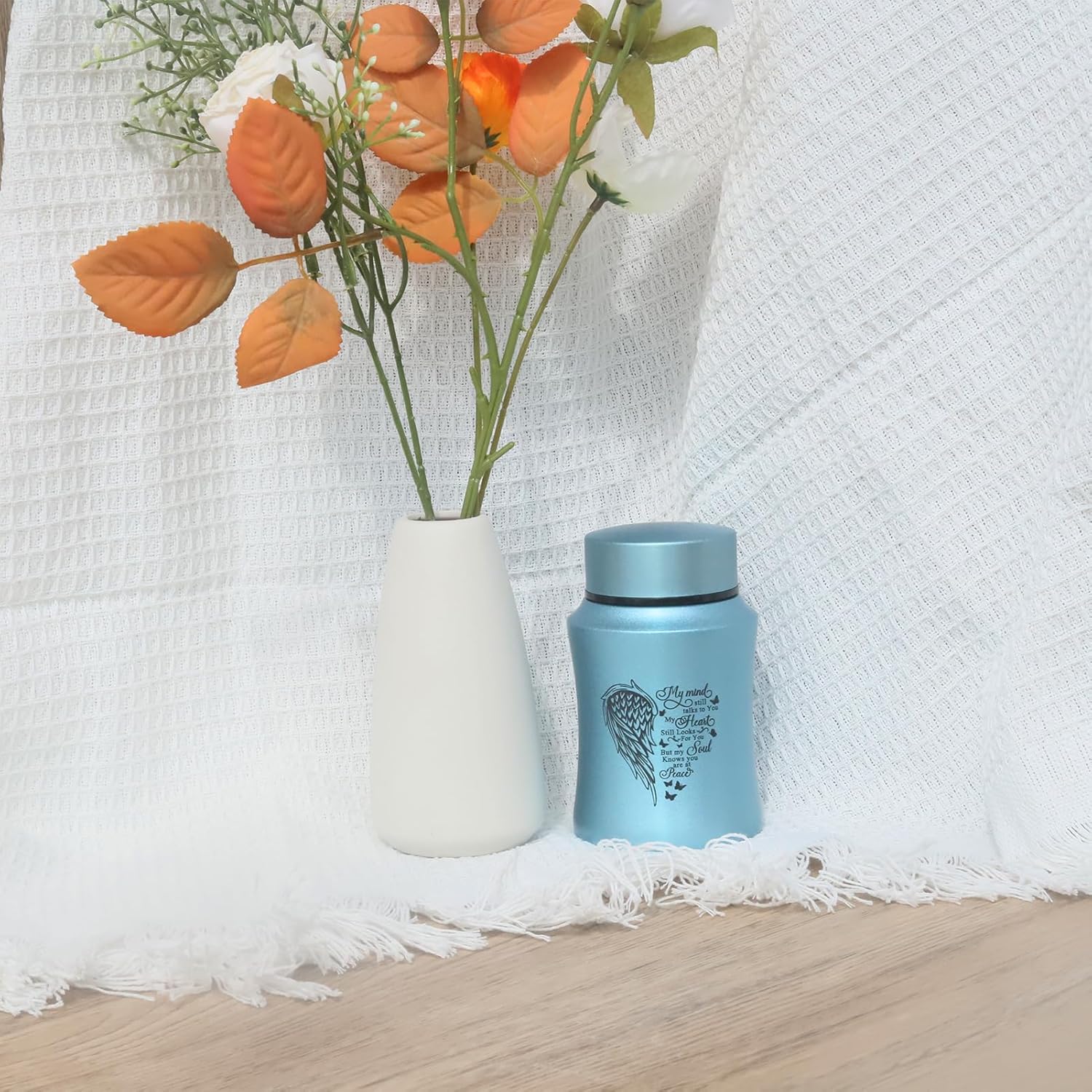 45 Inch Small Urn Stainless Steel Heart Shape Memorial Ashes Container Blue
