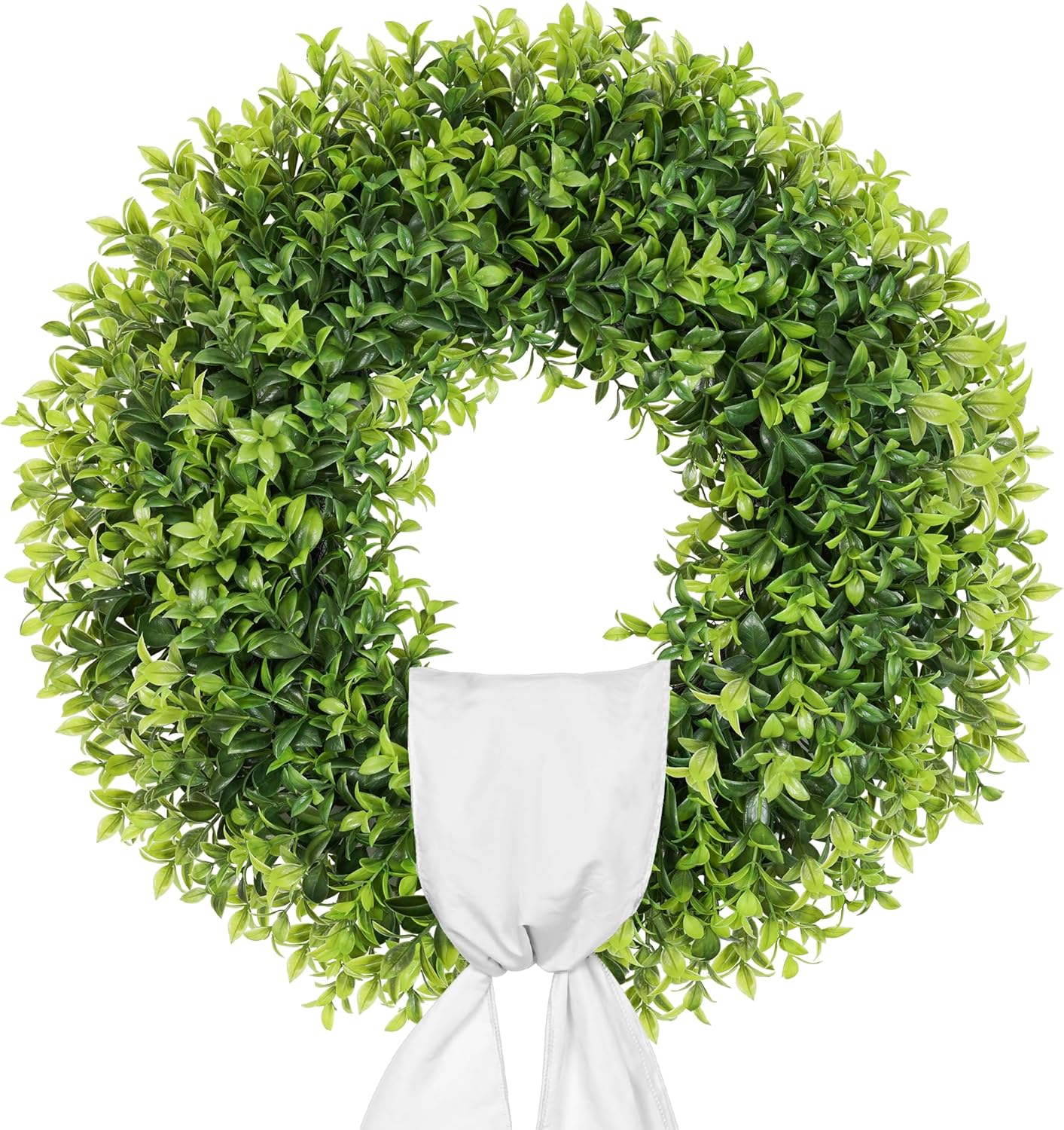 22 Inch Artificial Boxwood Wreath with Sash for Front Door