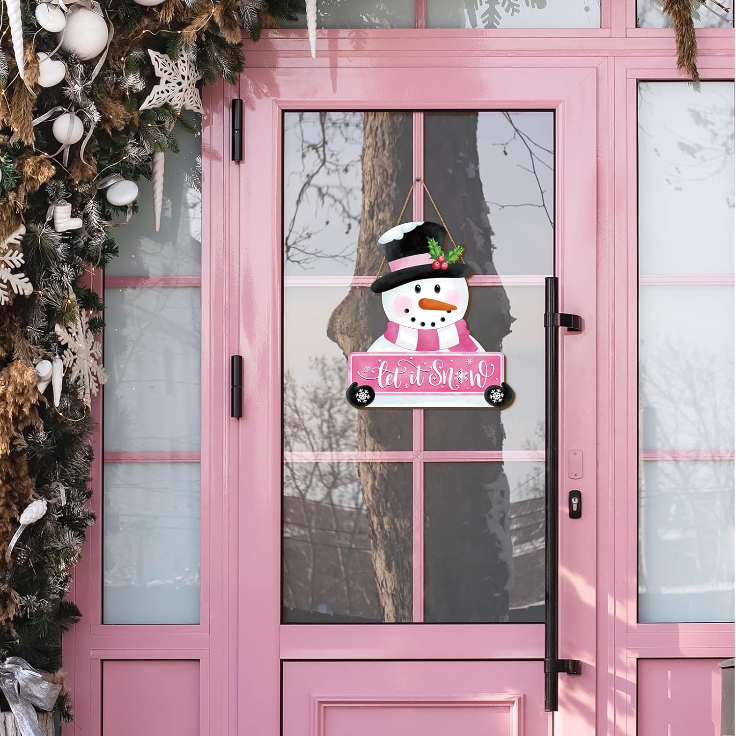 Whaline Pink Snowman Wooden Door Hanger Sign